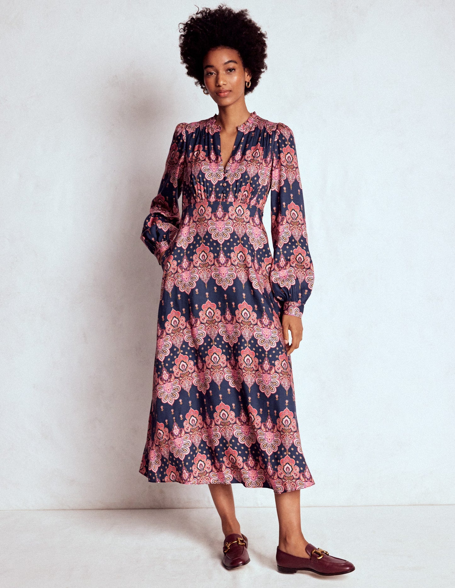 Cassie Smocked Tea Dress-Navy, Embellished Paisley