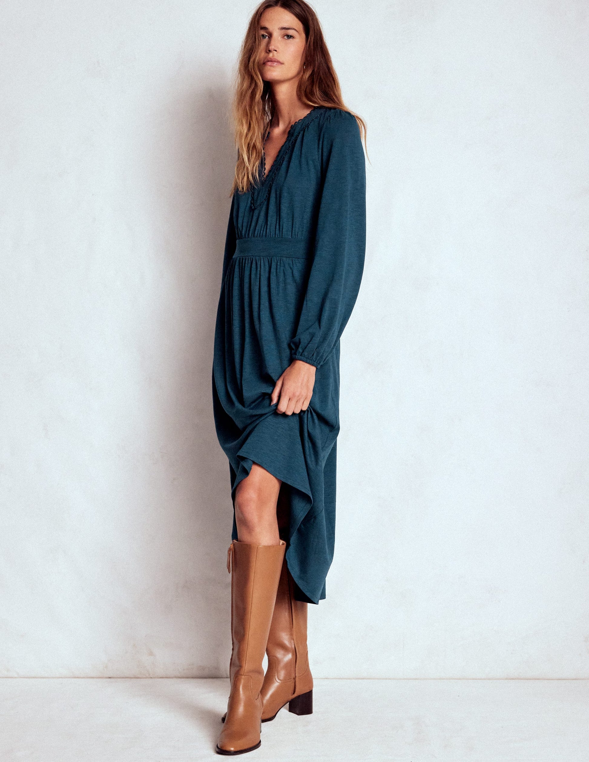 Maddie Picot Trim Midi Dress-Midnight Teal | Boden USA Maddie Picot Trim Midi Dress-Midnight Teal | Boden USA