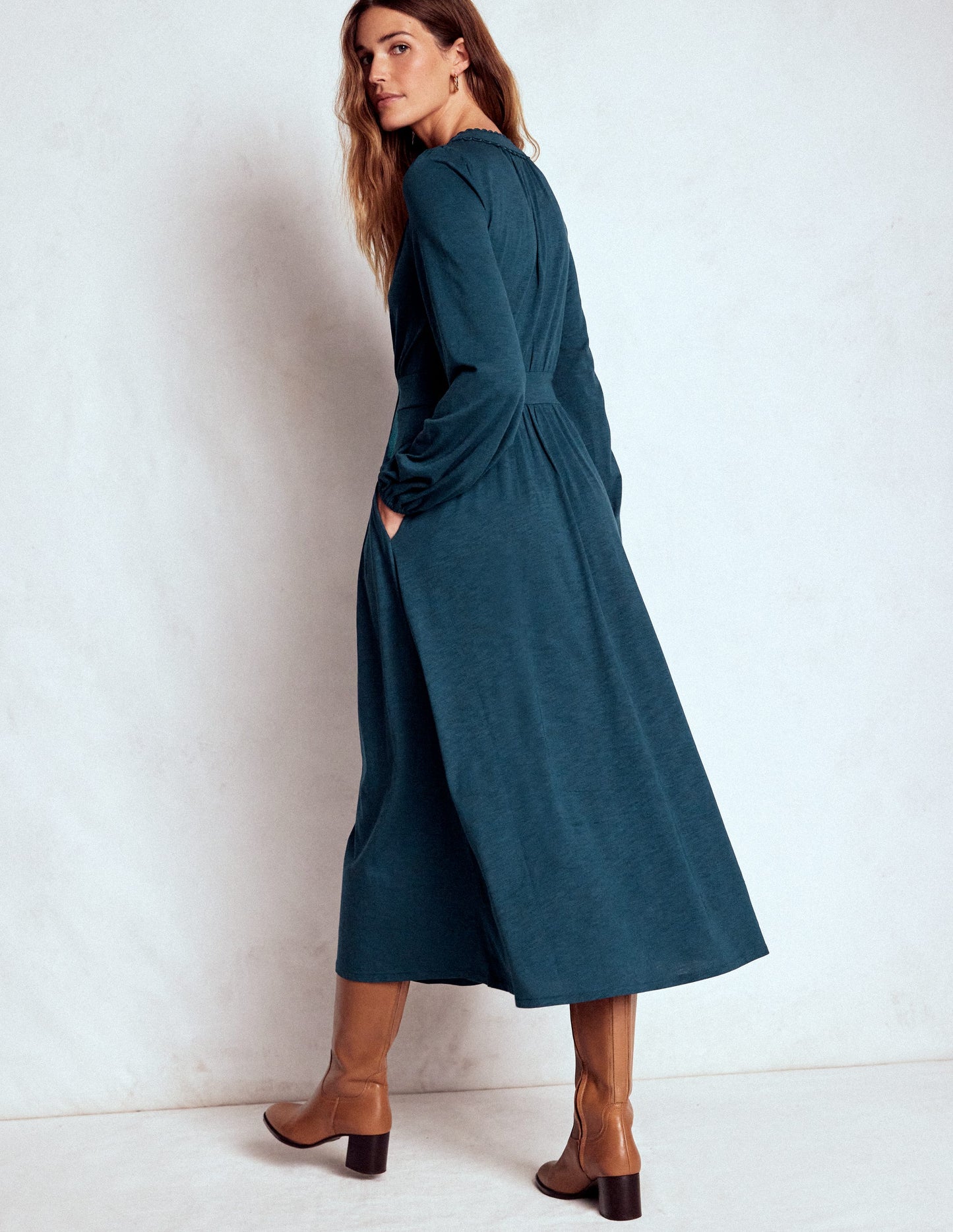 Maddie Picot Trim Midi Dress-Midnight Teal