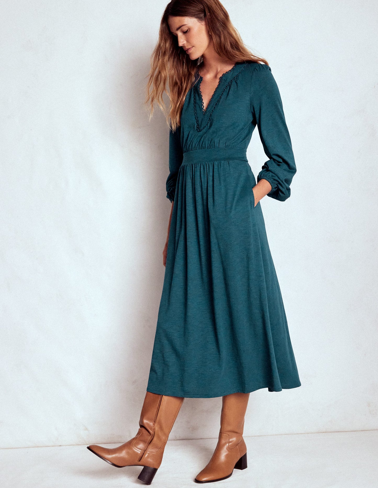 Maddie Picot Trim Midi Dress-Midnight Teal