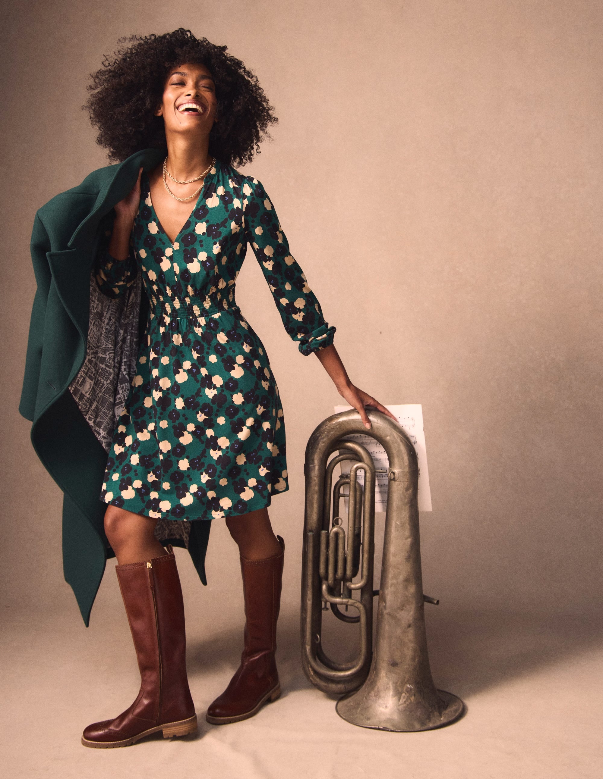 Sarah Short Jersey Dress-Emerald Night, Garden Blossom - Image 1