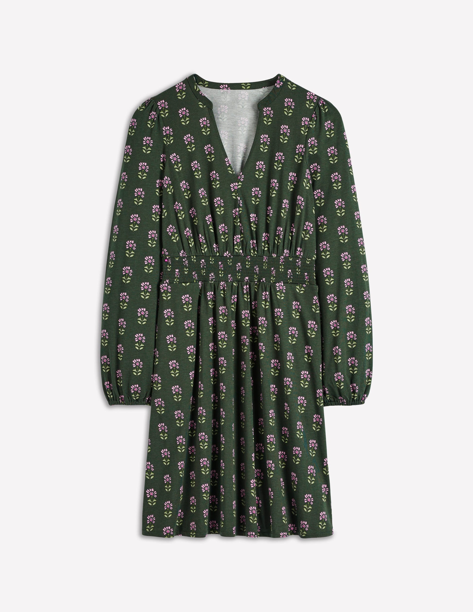Sarah Short Jersey Dress-Winter Moss, Woodblock Floral-7