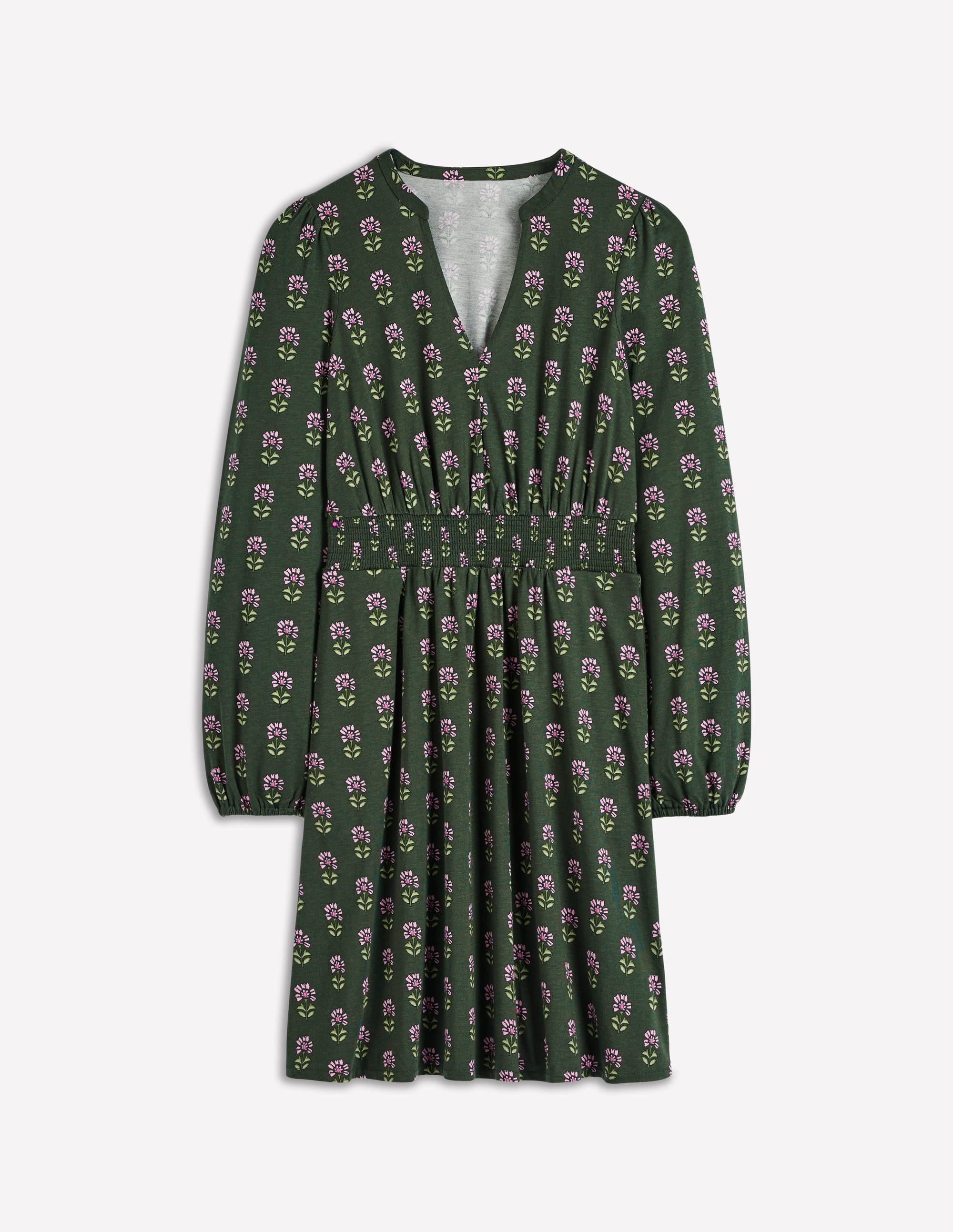 Sarah Short Jersey Dress-Winter Moss, Woodblock Floral - Image 7