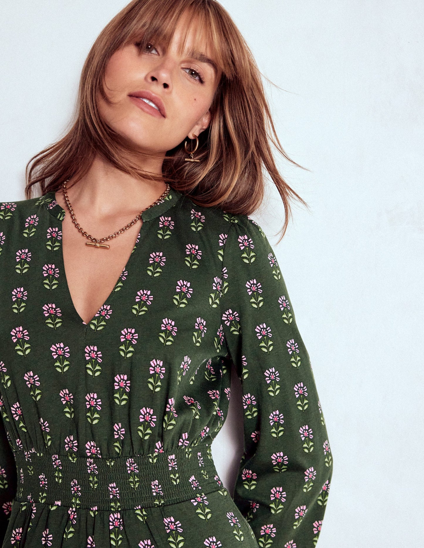 Sarah Short Jersey Dress-Winter Moss, Woodblock Floral