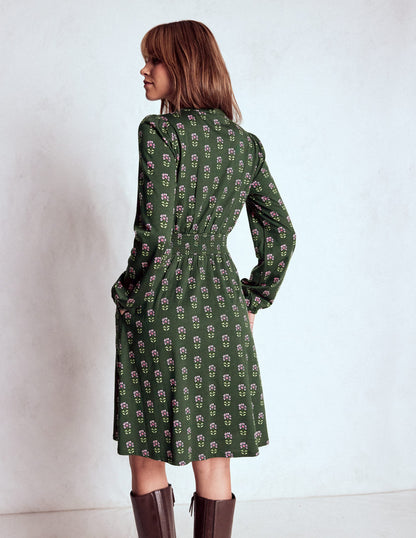 Sarah Short Jersey Dress-Winter Moss, Woodblock Floral-5