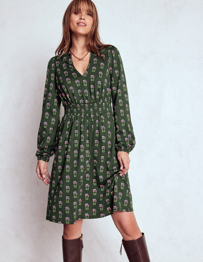 Sarah Short Jersey Dress-Winter Moss, Woodblock Floral-1