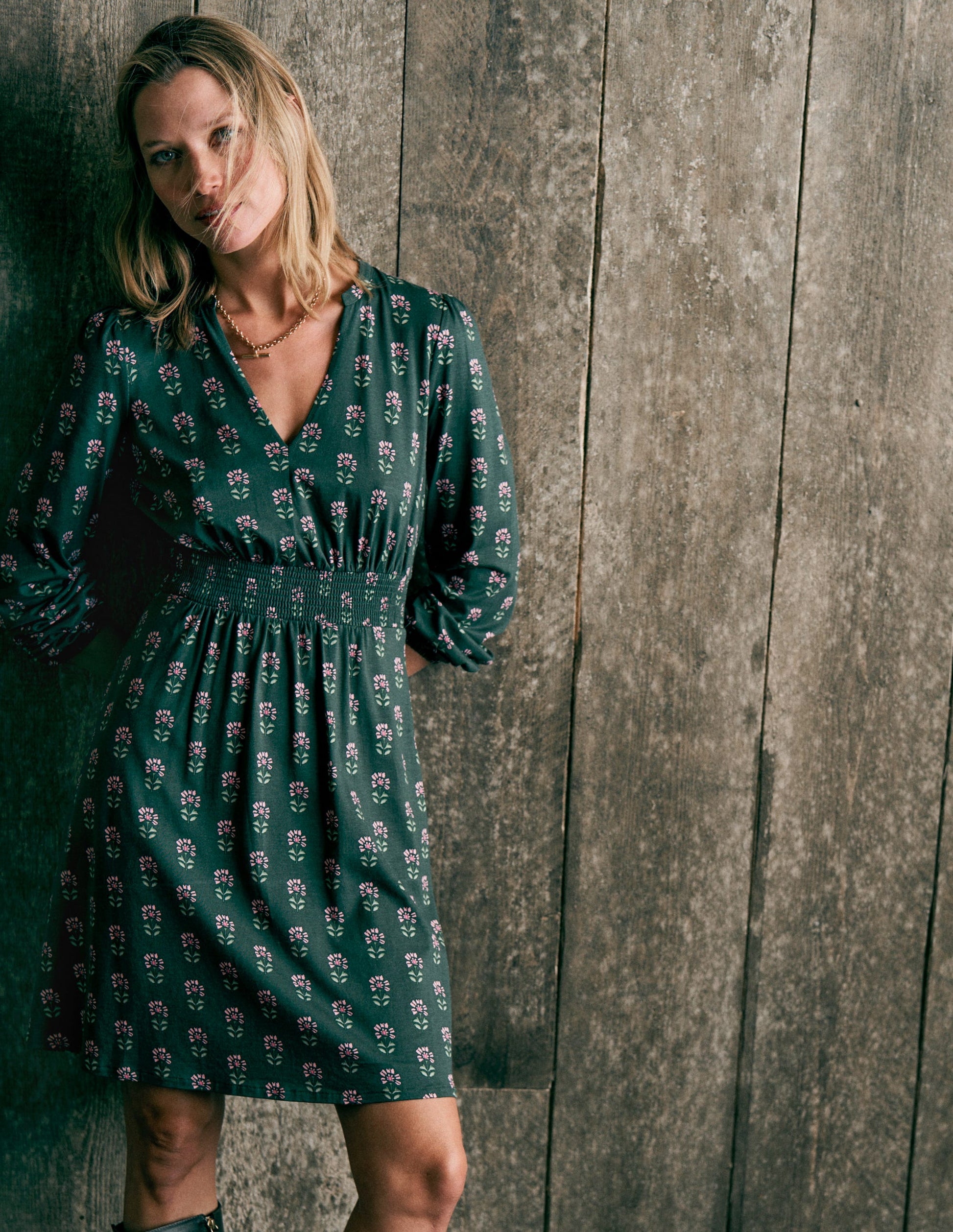 Sarah Short Jersey Dress-Winter Moss, Woodblock Floral-2