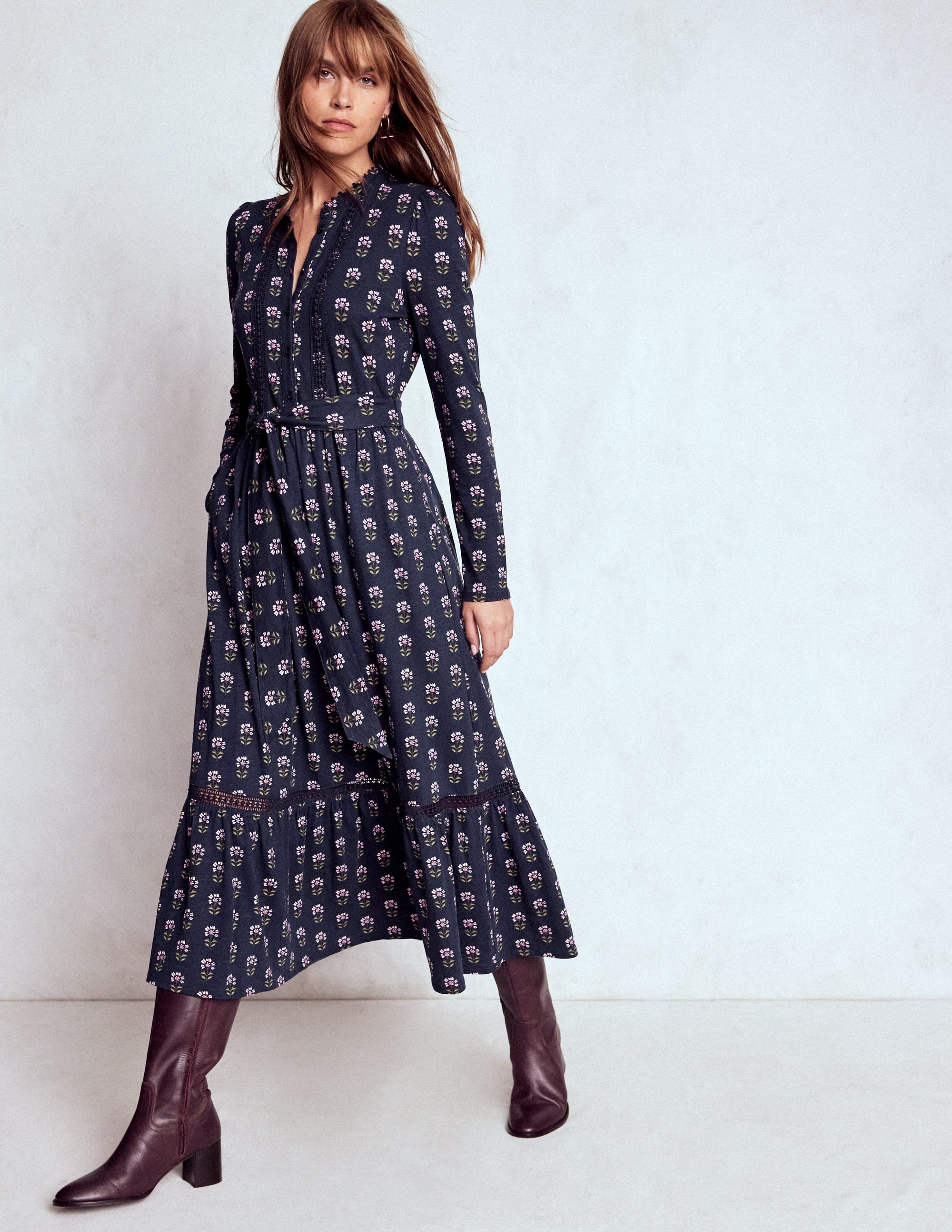 Edwina Jersey Shirt Dress-French Navy, Woodblock Flower | Boden USA