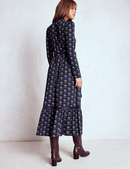 Edwina Jersey Shirt Dress-French Navy, Woodblock Flower-3