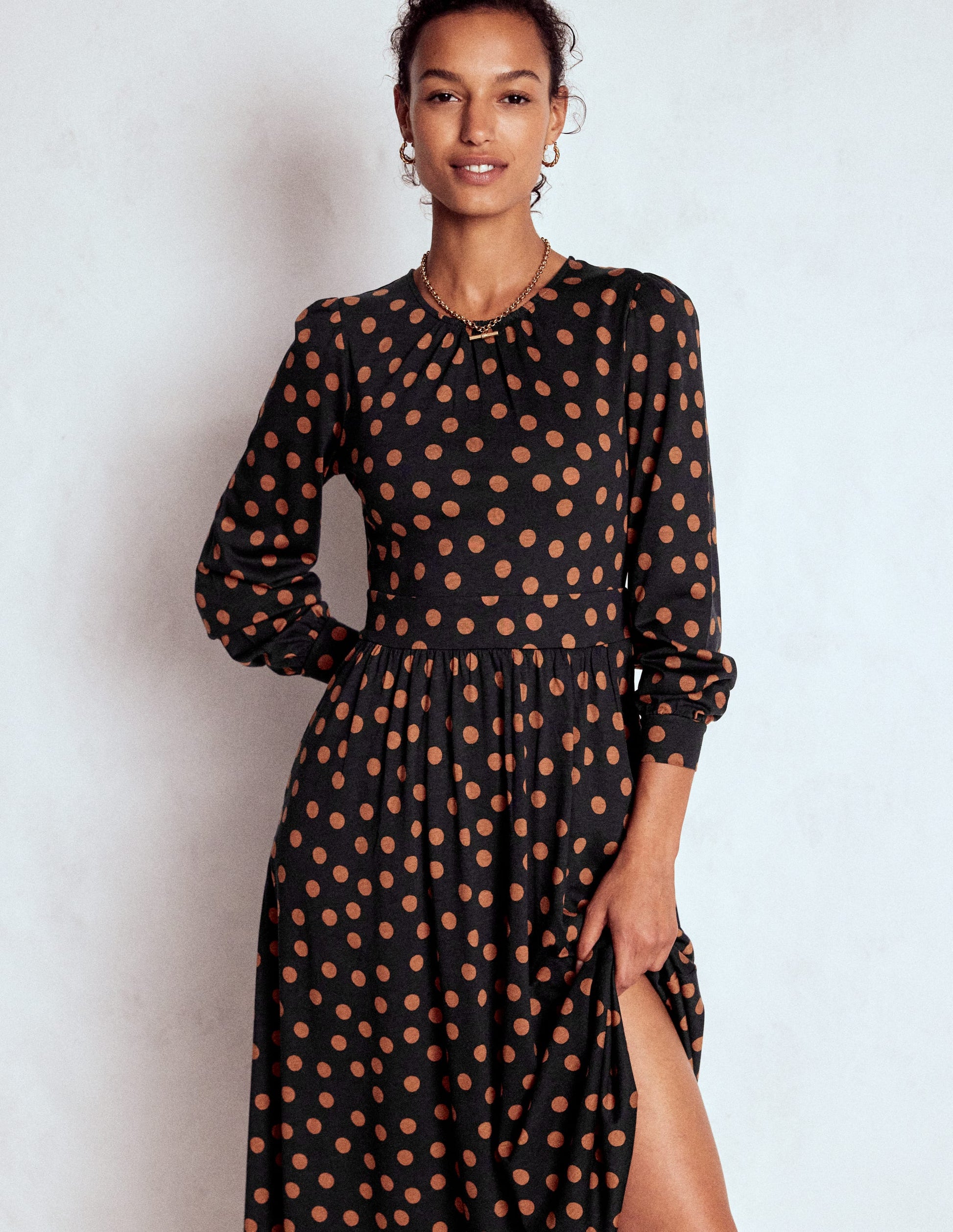 Alexandra Jersey Midi Dress-Black, Tortoise Shell Dot-5