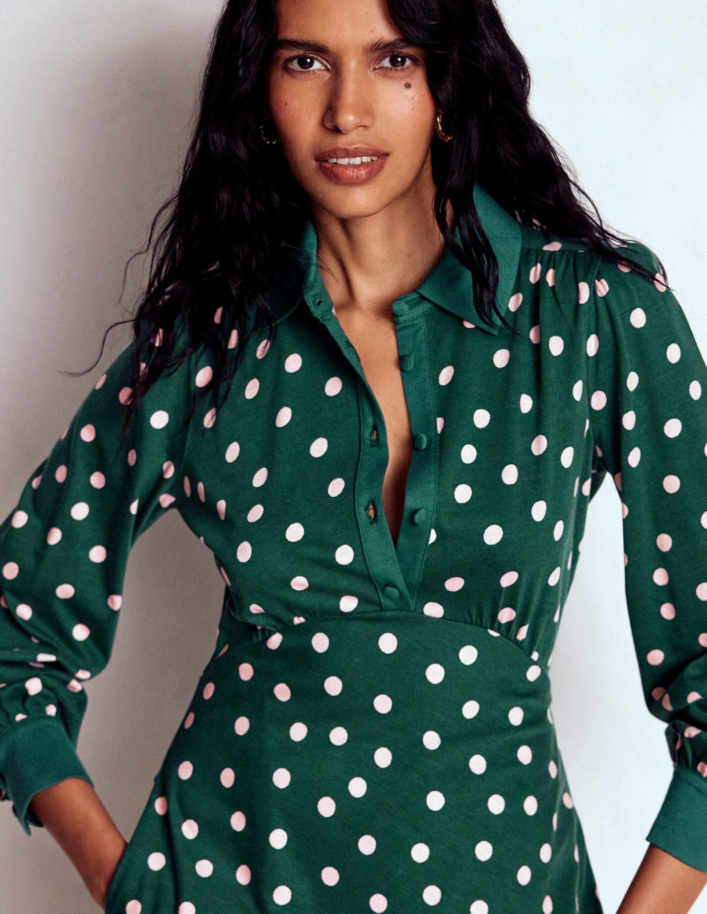 Empire Waistline Shirt Dress-Emerald Night, Painted Dot