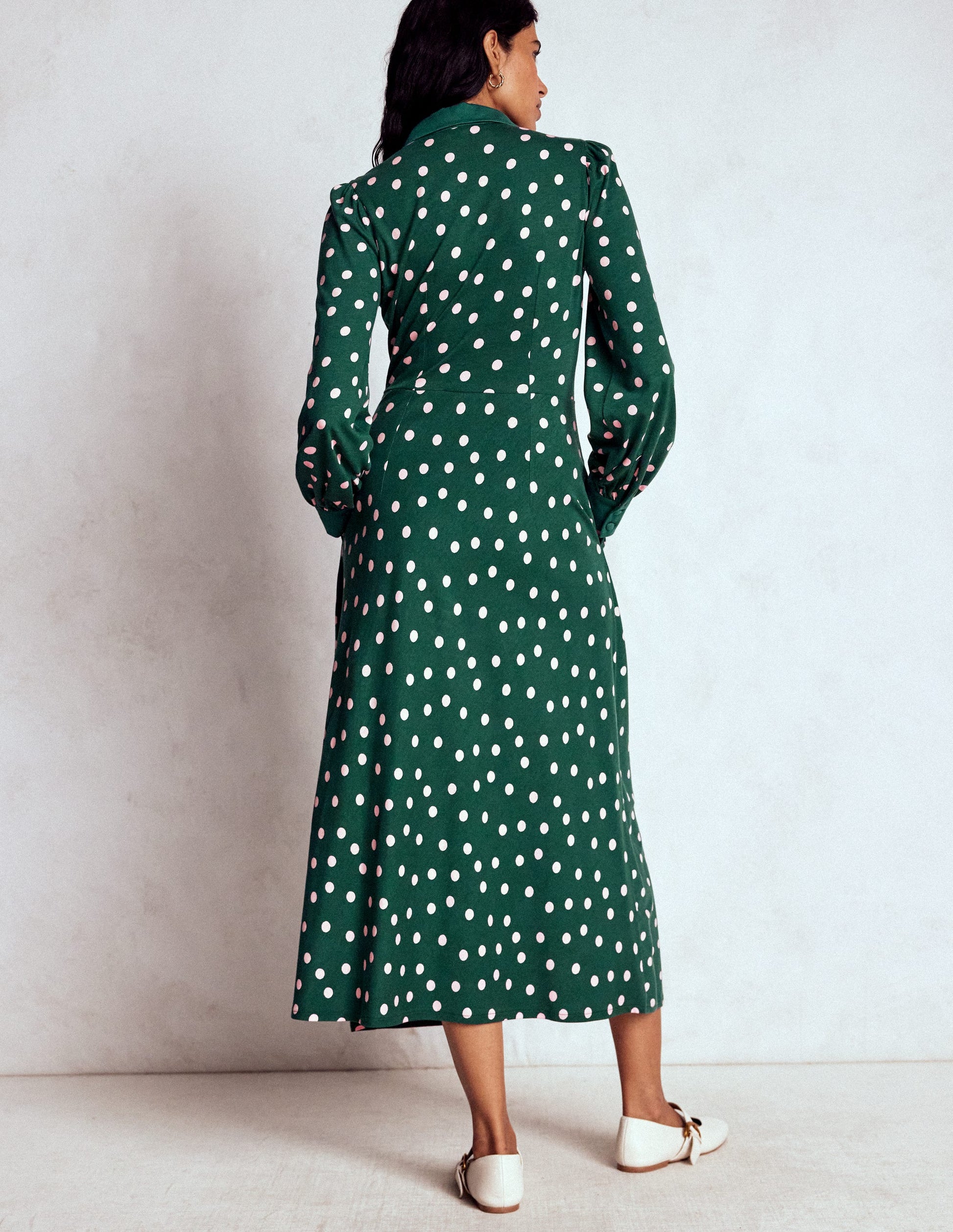 Empire Waistline Shirt Dress-Emerald Night, Painted Dot-3