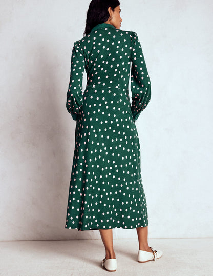 Empire Waistline Shirt Dress-Emerald Night, Painted Dot-3