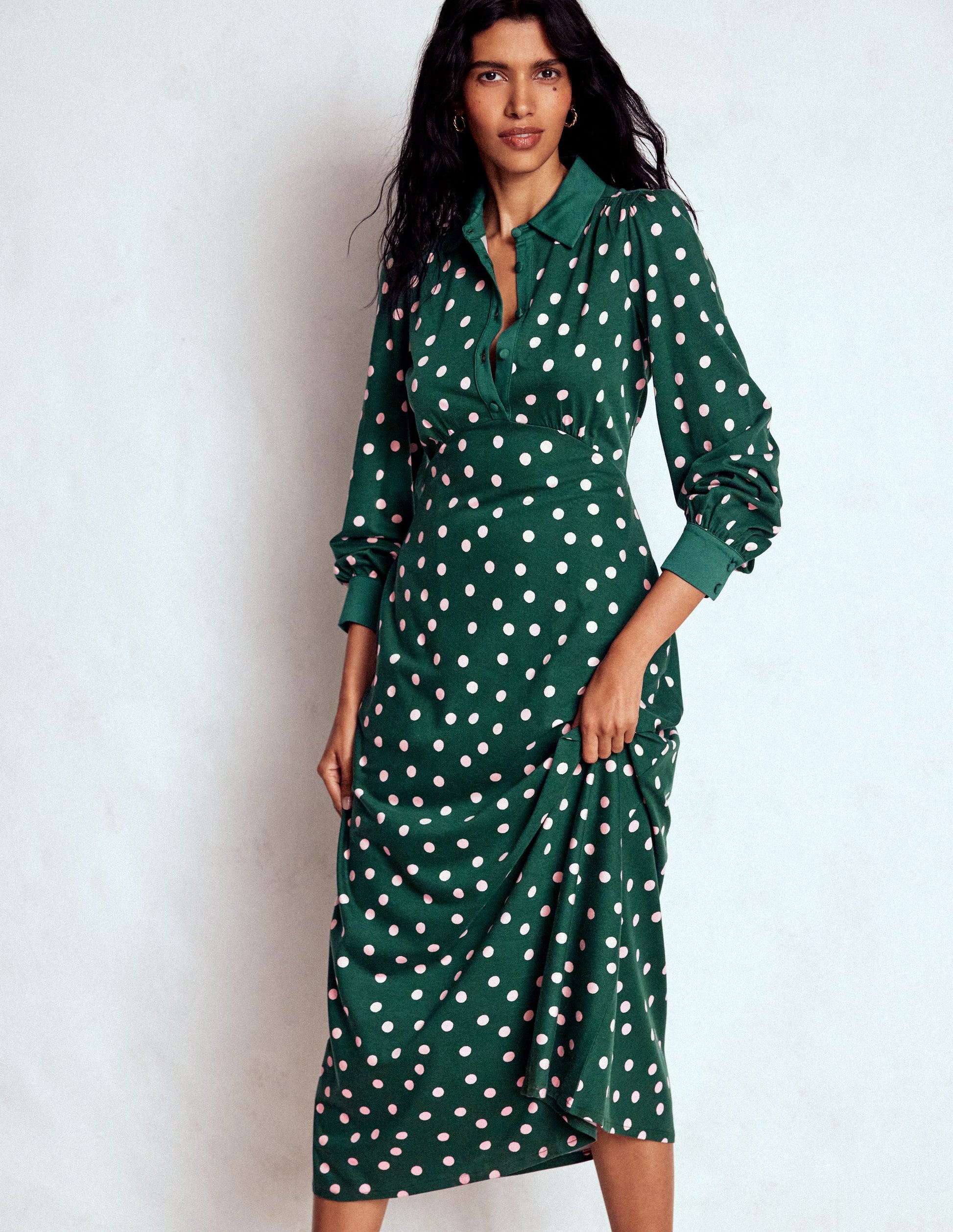 Empire Waistline Shirt Dress-Emerald Night, Painted Dot-4