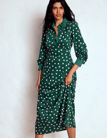 Empire Waistline Shirt Dress-Emerald Night, Painted Dot-4
