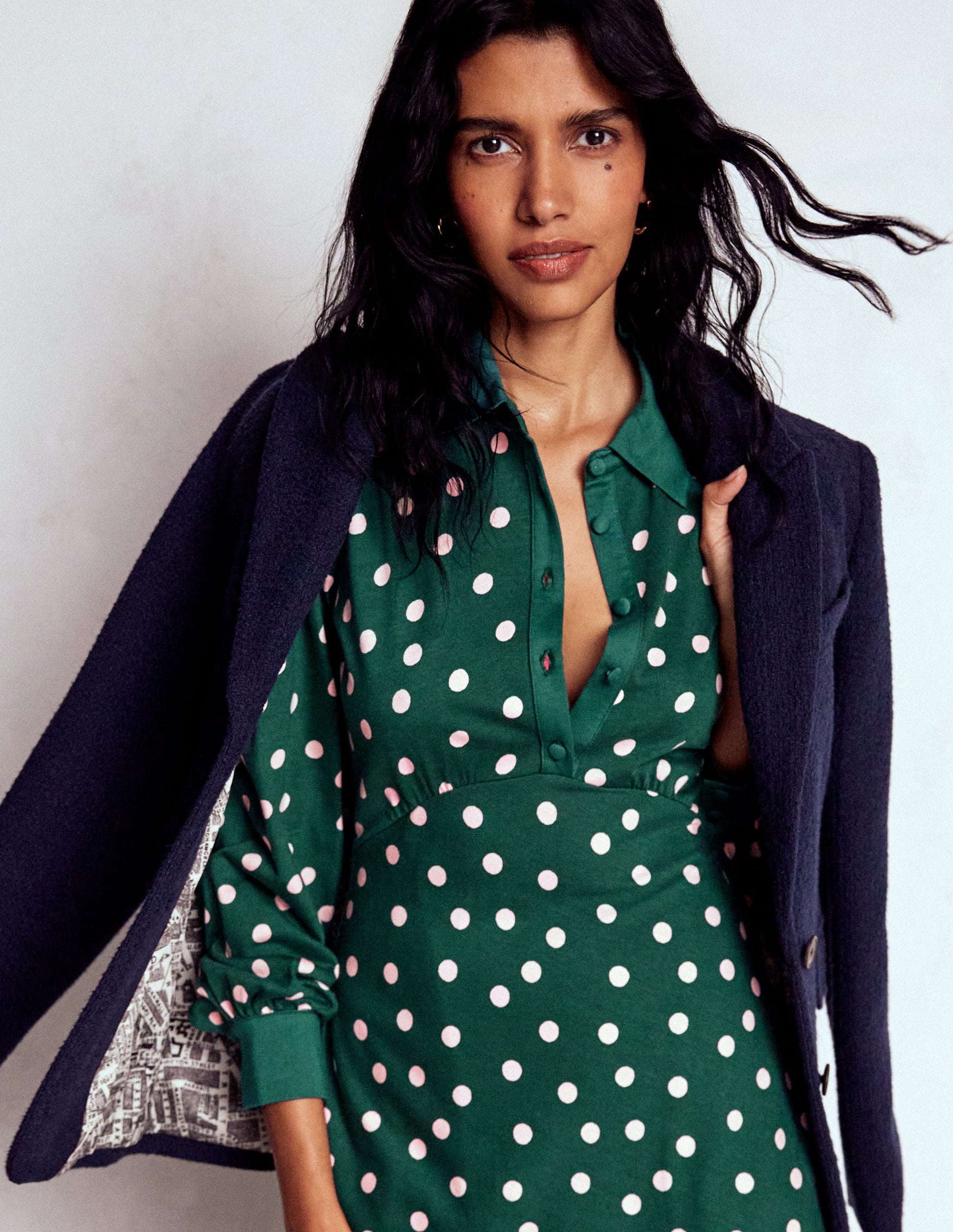 Empire Waistline Shirt Dress-Emerald Night, Painted Dot-5