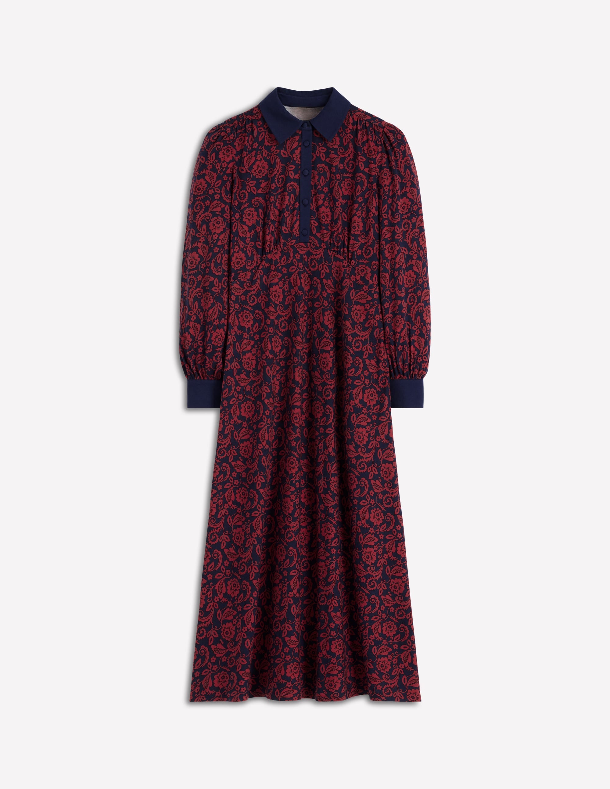 Empire Waistline Shirt Dress-Red, Ornate Flora - Image 6