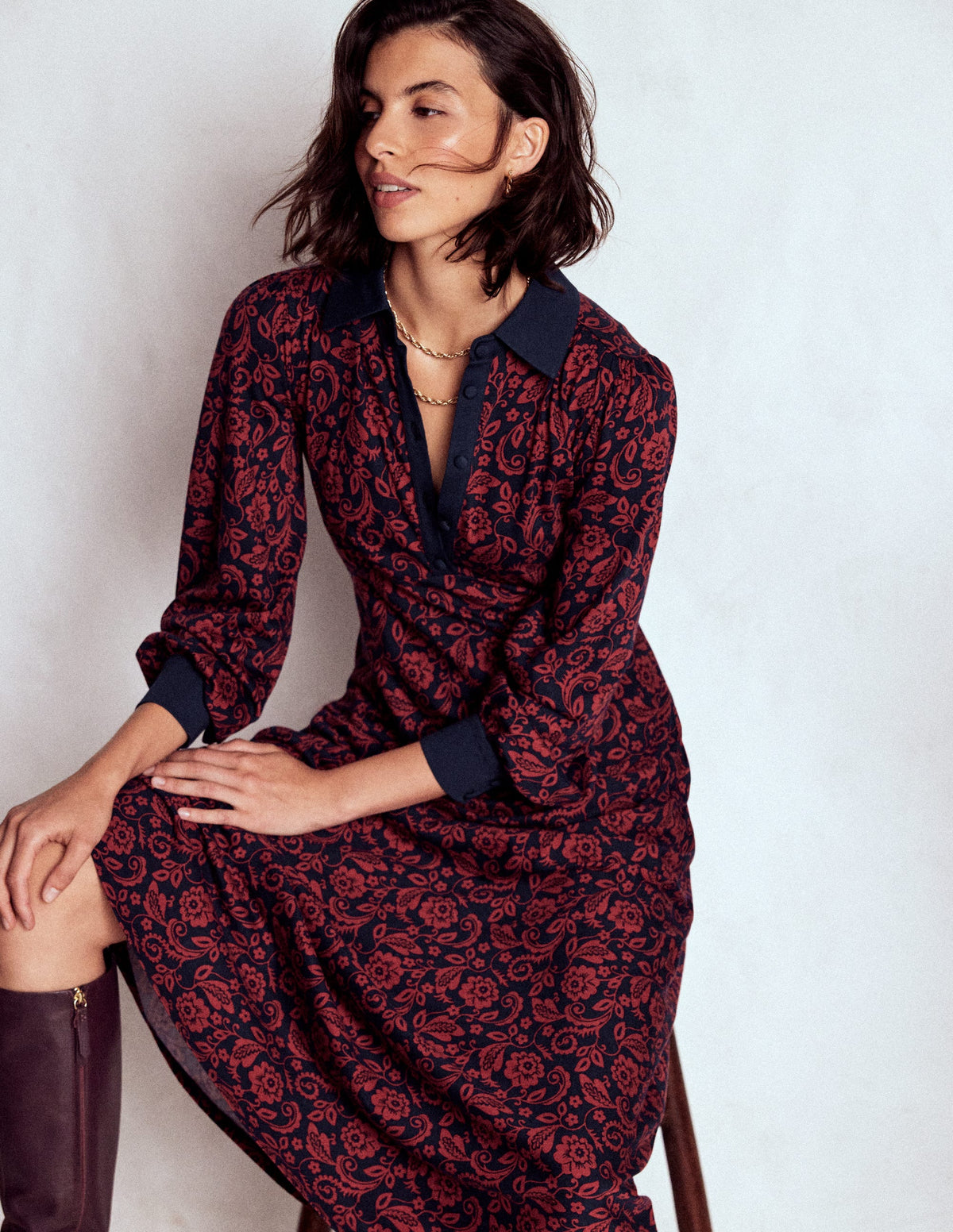 Empire Waistline Shirt Dress-Red, Ornate Flora - Image 1