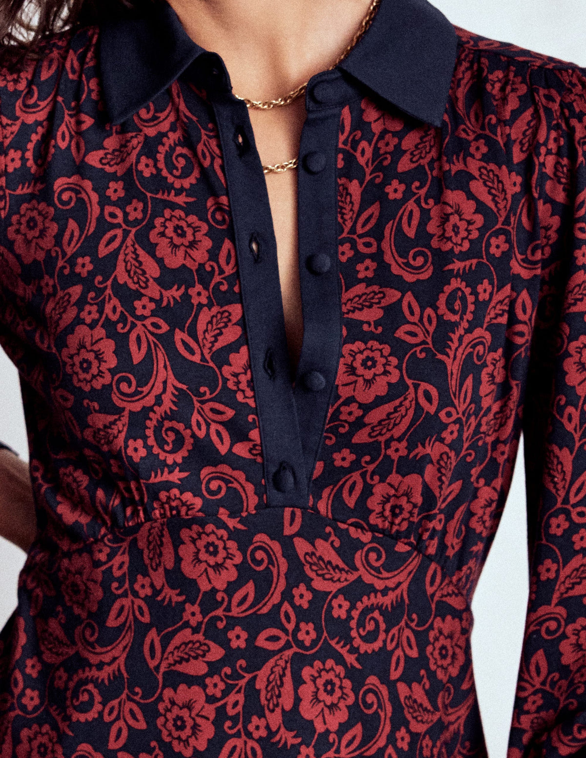 Empire Waistline Shirt Dress-Red, Ornate Flora - Image 2