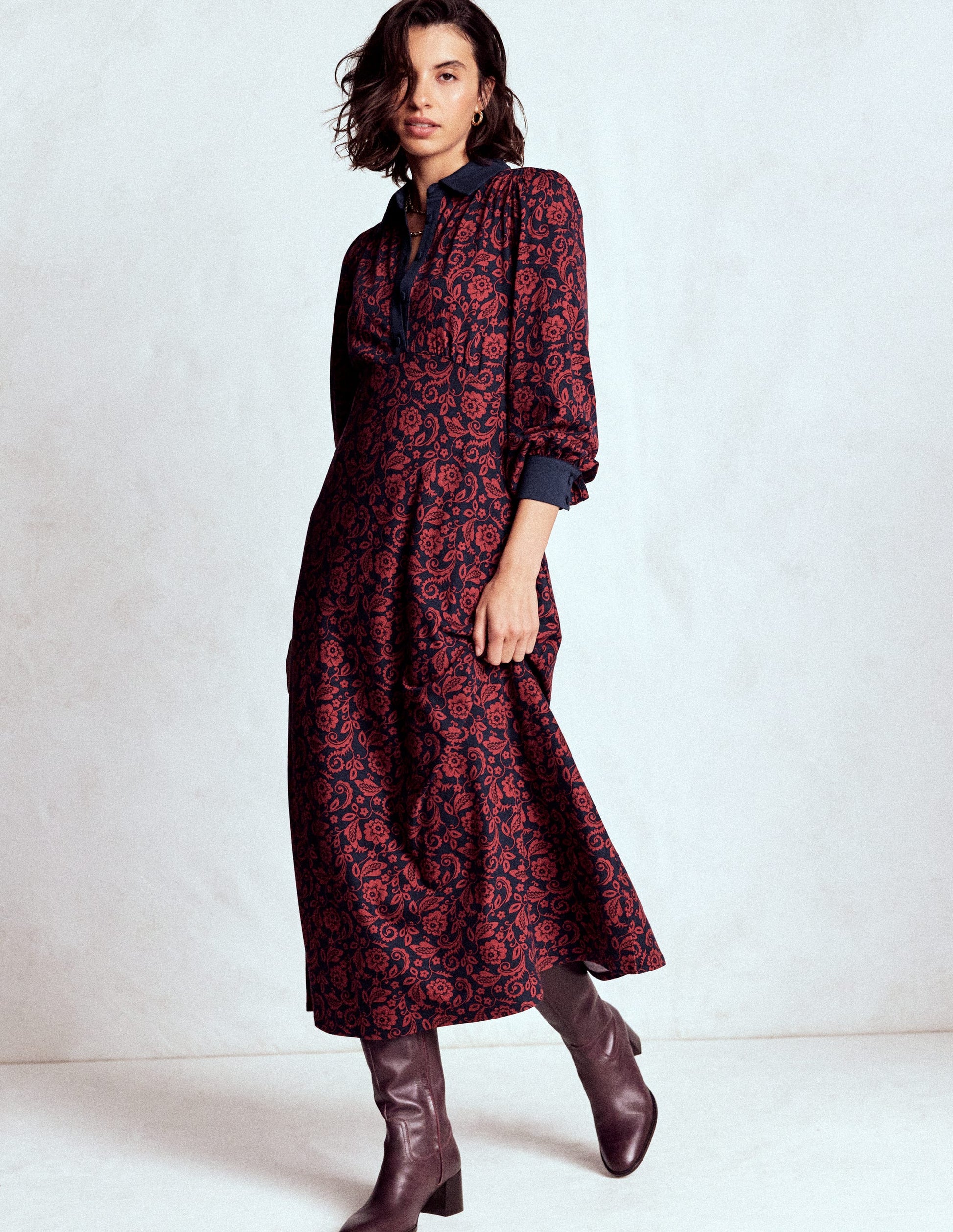 Empire Waistline Shirt Dress-Red, Ornate Flora-4