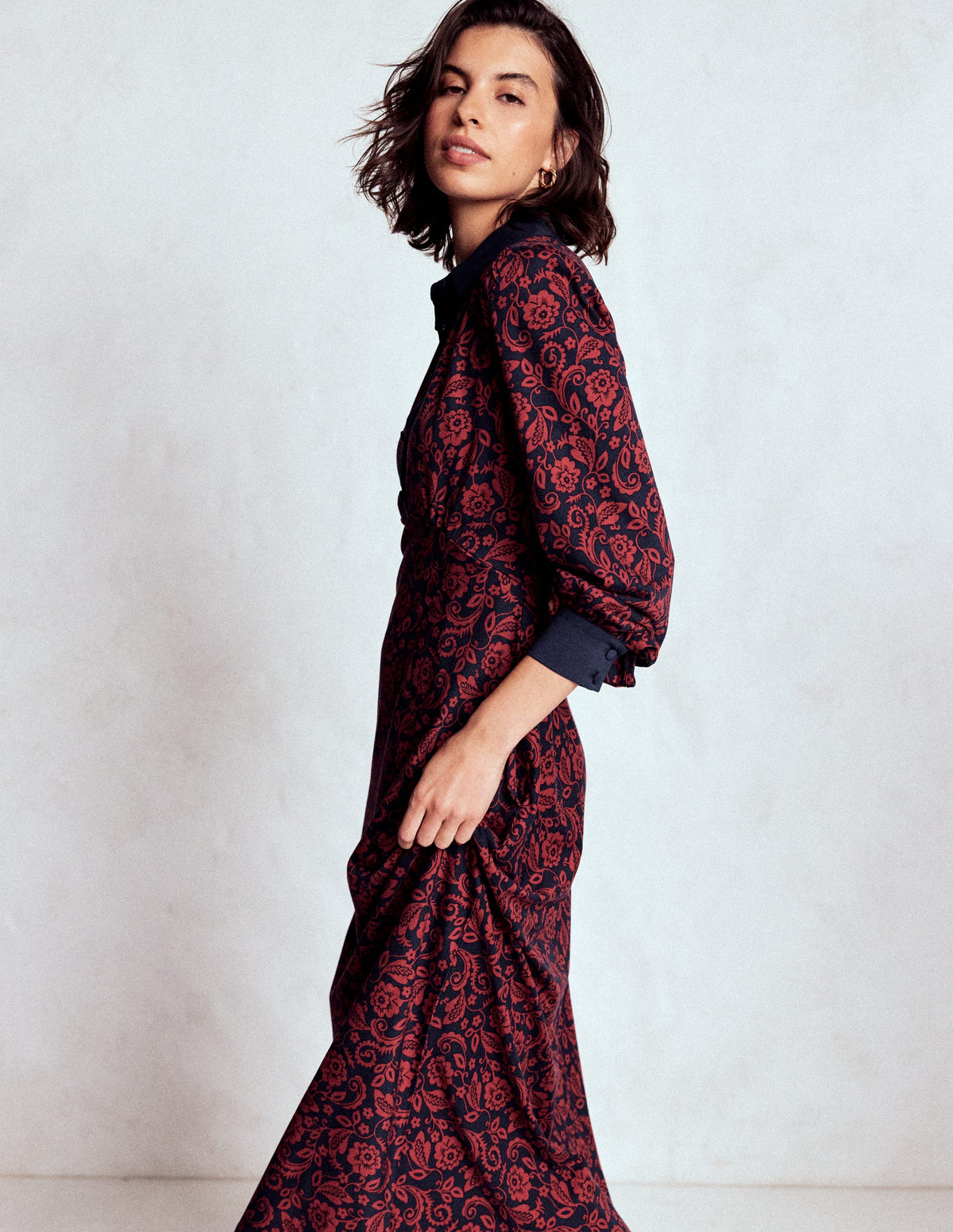 Empire Waistline Shirt Dress-Red, Ornate Flora - Image 5