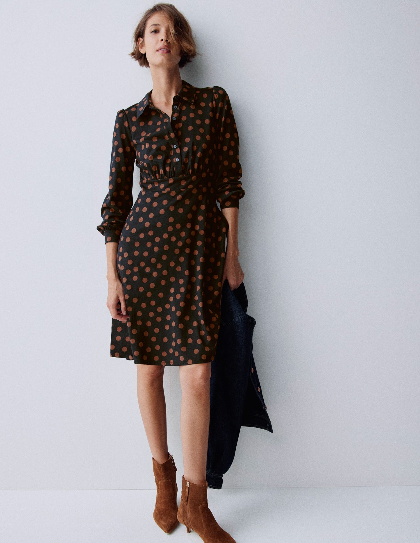Orla Short Jersey Shirt Dress-Russet, Painted Dot