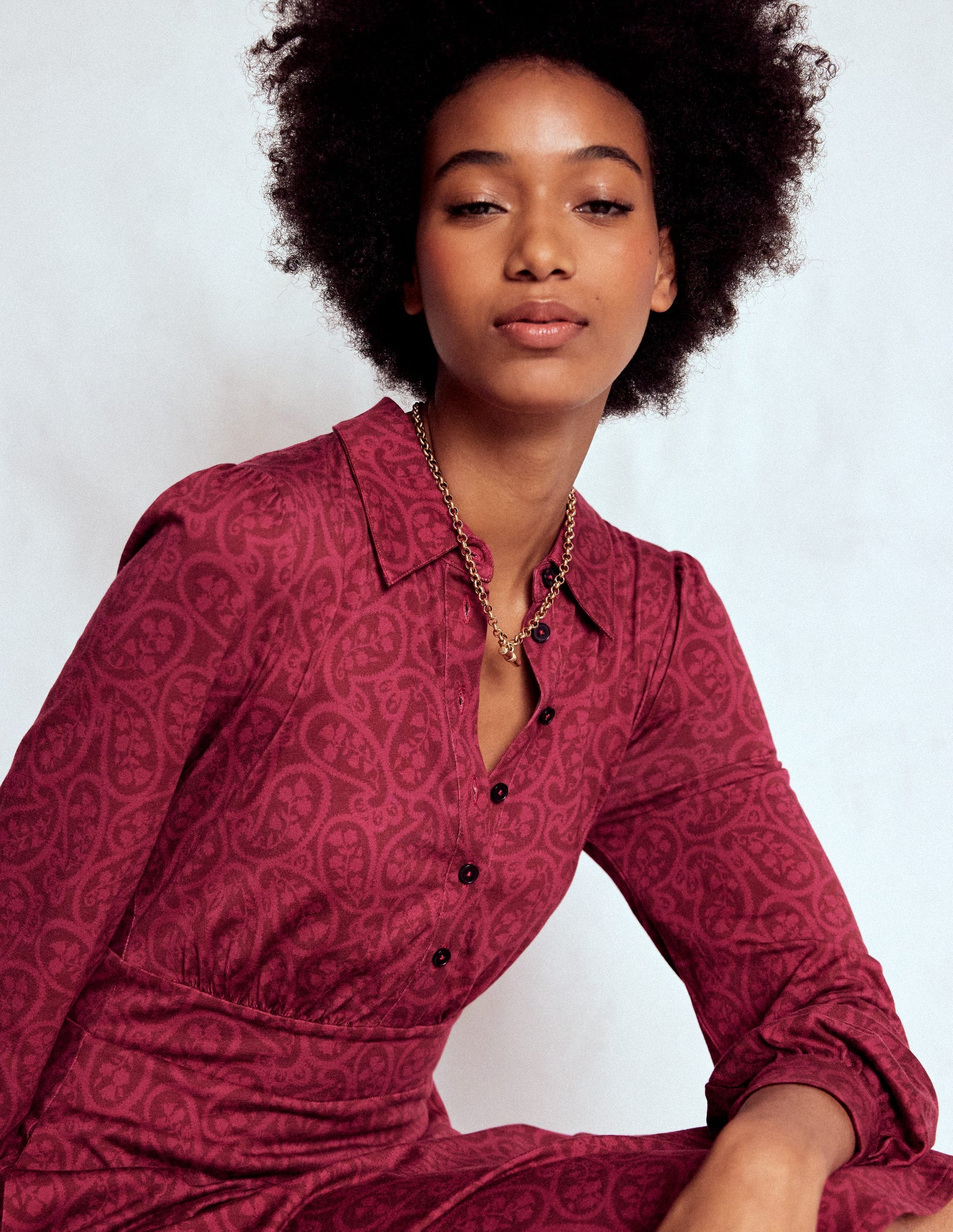 Orla Short Jersey Shirt Dress-Chestnut, Blossomy Paisley | Boden USA Orla Short Jersey Shirt Dress-Chestnut, Blossomy Paisley | Boden USA