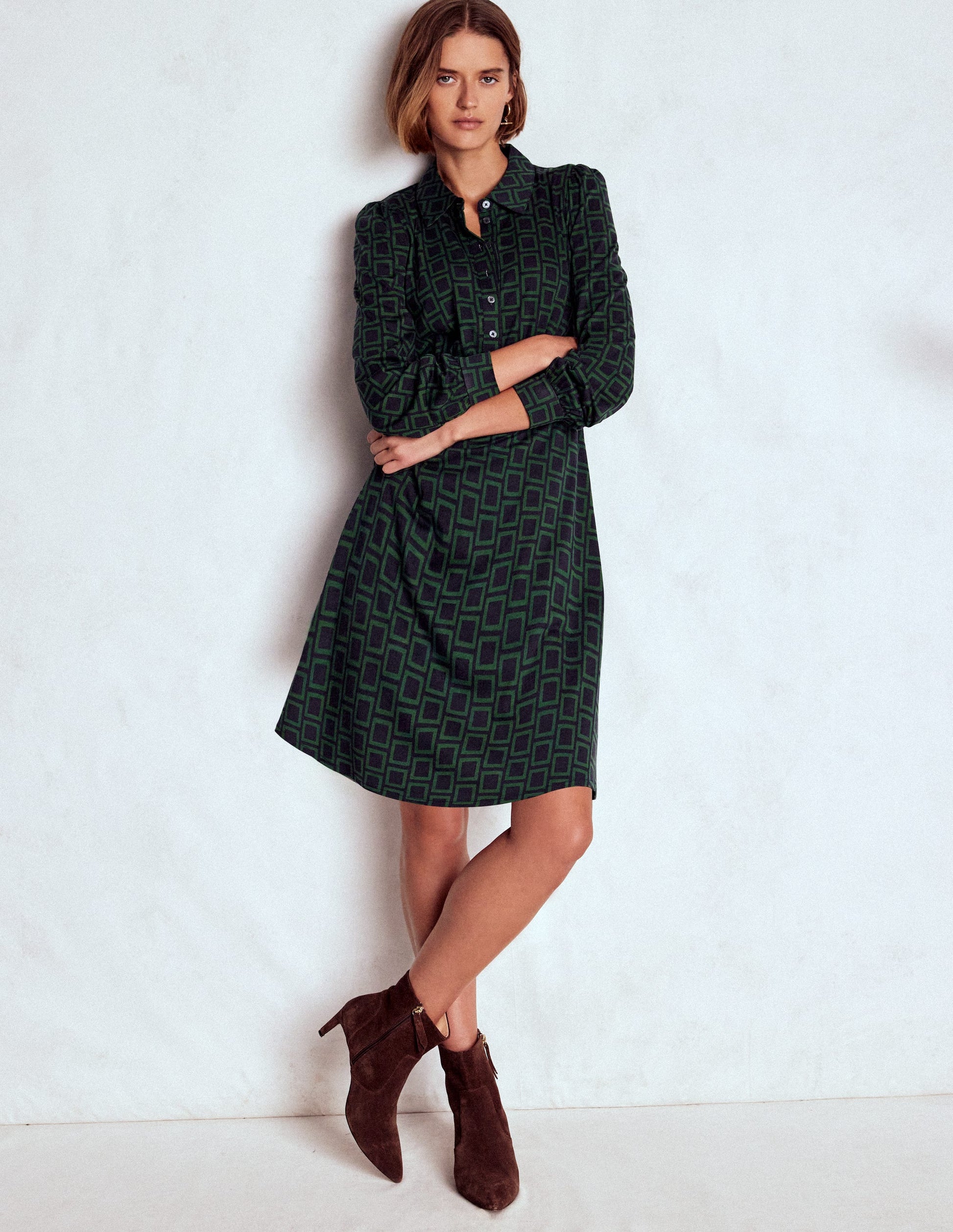 Orla Short Jersey Shirt Dress-Dark Green, Square Geometric | Boden USA Orla Short Jersey Shirt Dress-Dark Green, Square Geometric | Boden USA