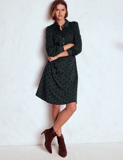 Orla Short Jersey Shirt Dress-Dark Green, Square Geometric-1
