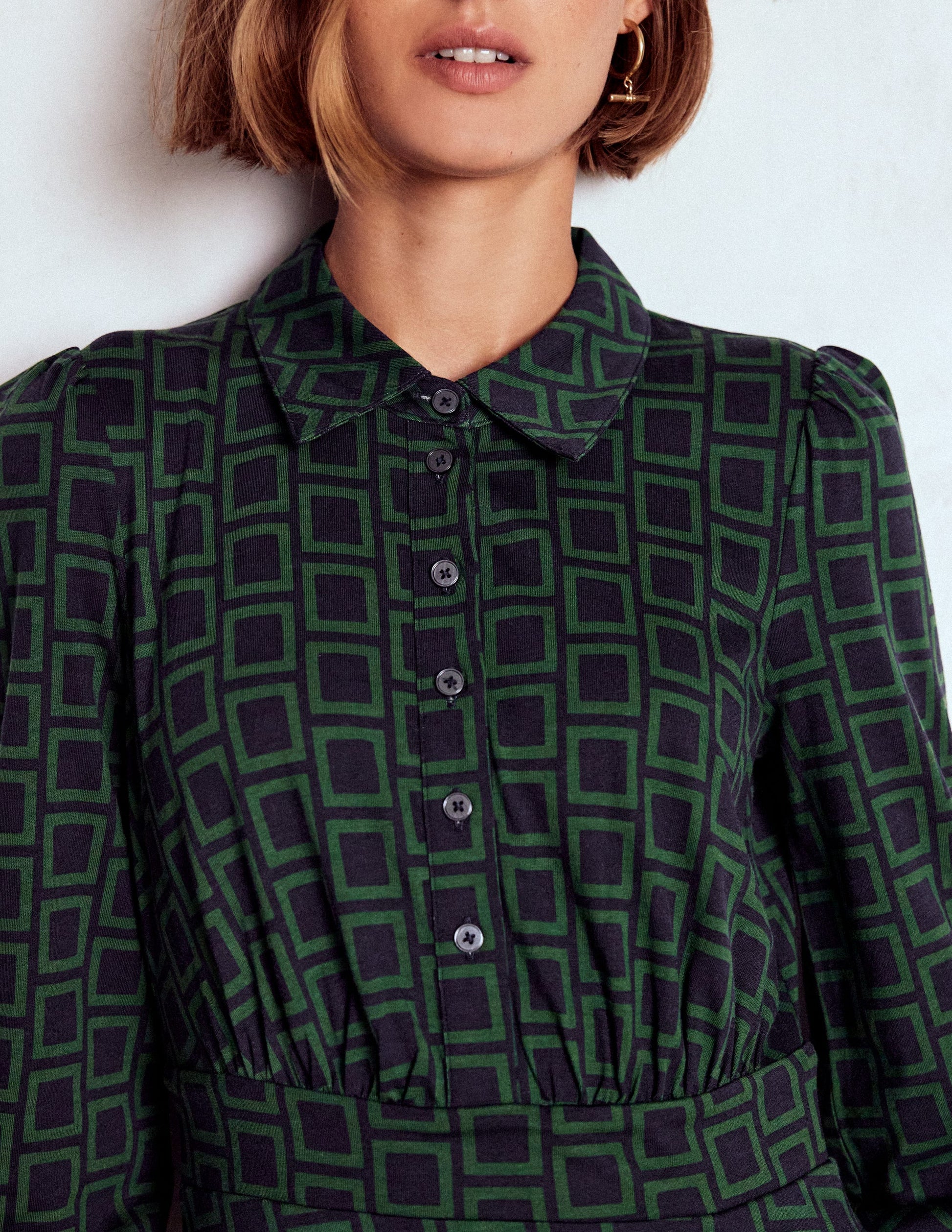 Orla Short Jersey Shirt Dress-Dark Green, Square Geometric | Boden USA Orla Short Jersey Shirt Dress-Dark Green, Square Geometric | Boden USA