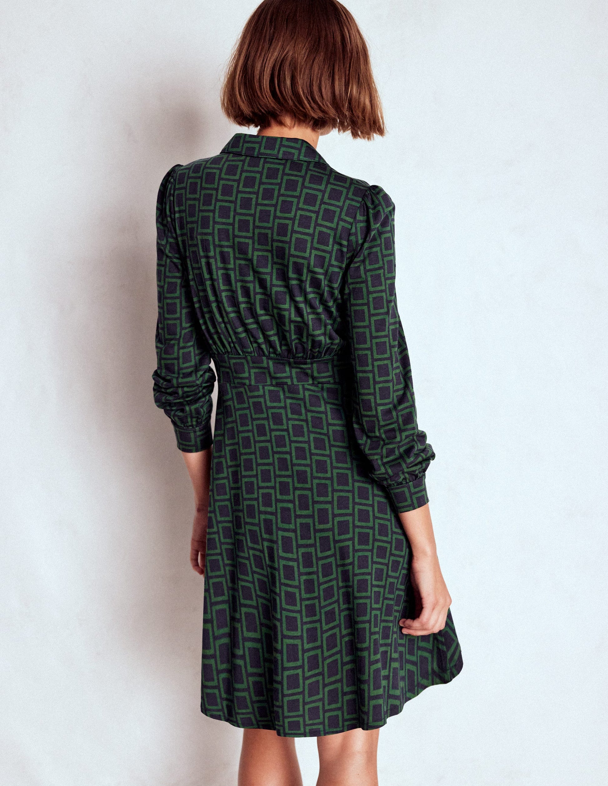 Orla Short Jersey Shirt Dress-Dark Green, Square Geometric | Boden USA Orla Short Jersey Shirt Dress-Dark Green, Square Geometric | Boden USA