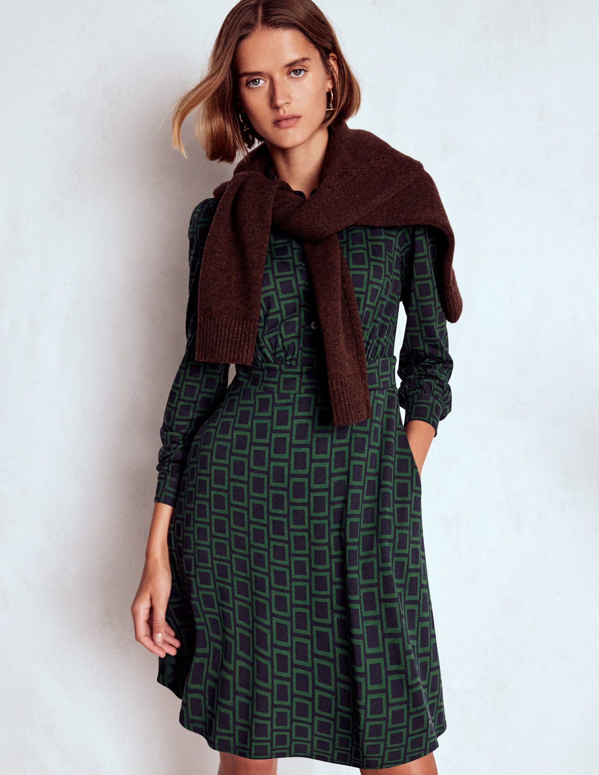 Orla Short Jersey Shirt Dress-Dark Green, Square Geometric | Boden USA Orla Short Jersey Shirt Dress-Dark Green, Square Geometric | Boden USA