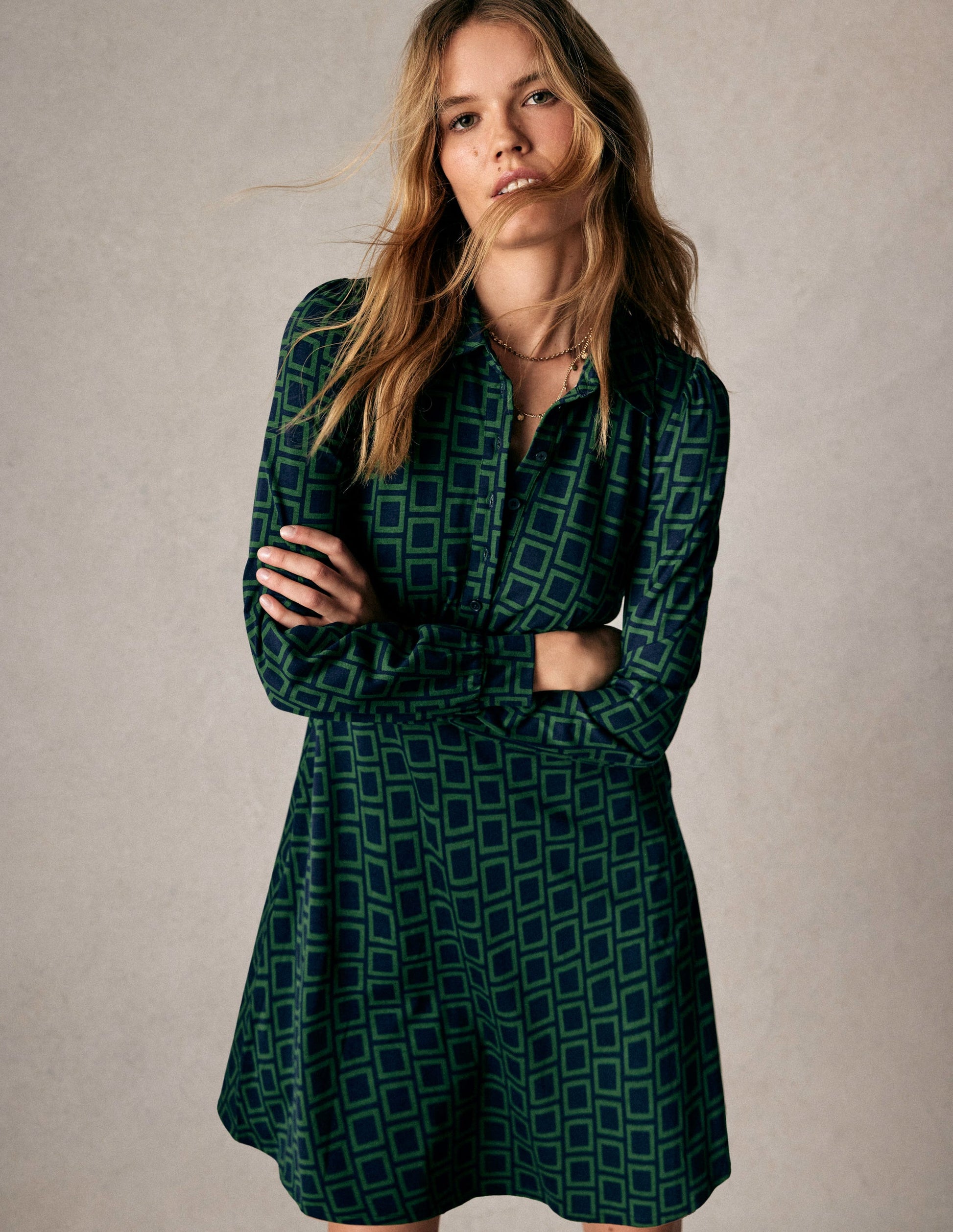 Orla Short Jersey Shirt Dress-Dark Green, Square Geometric | Boden USA Orla Short Jersey Shirt Dress-Dark Green, Square Geometric | Boden USA