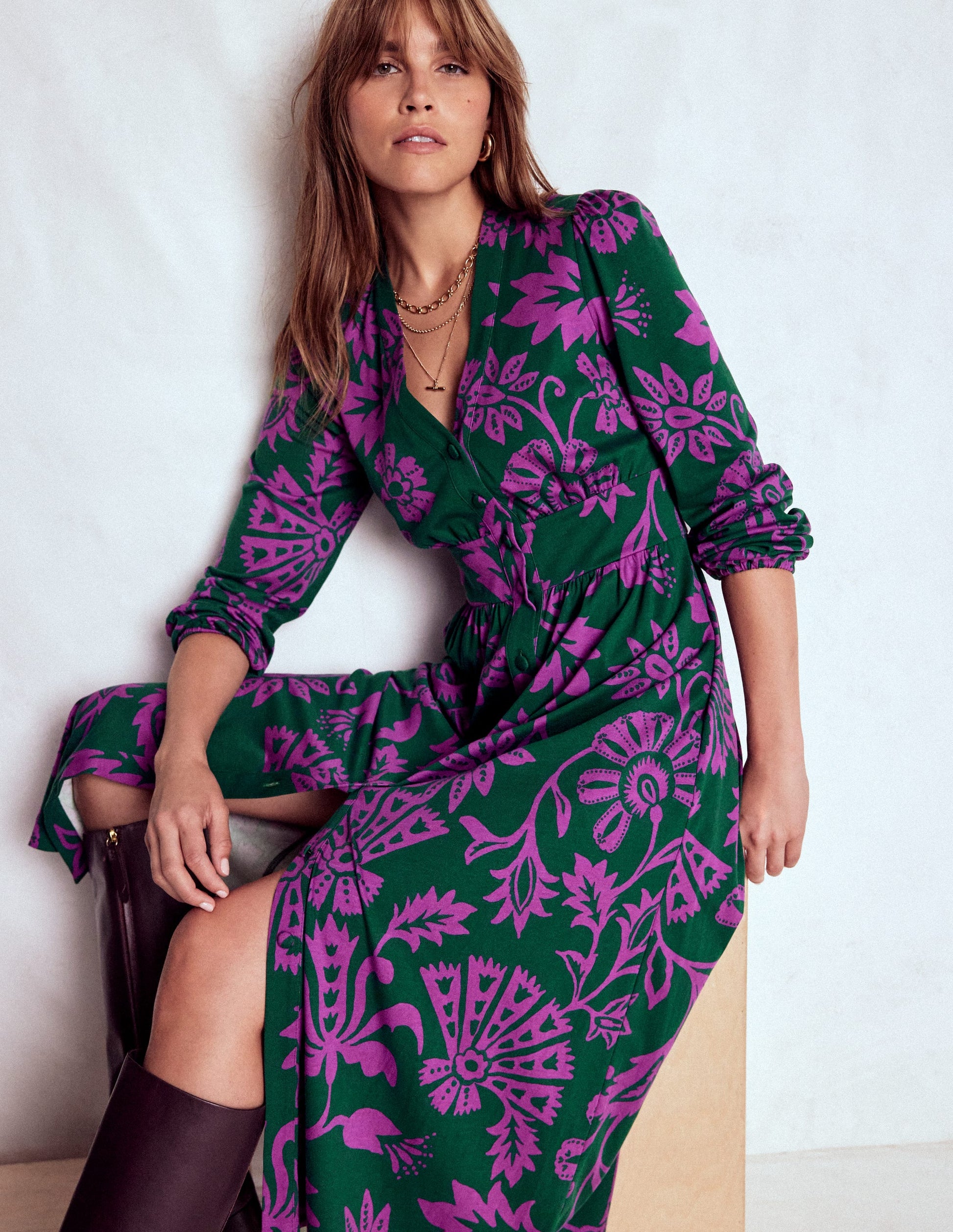Natalia Long Sleeve Tea Dress-Emerald Night, Elaborate Vine | Boden USA Natalia Long Sleeve Tea Dress-Emerald Night, Elaborate Vine | Boden USA