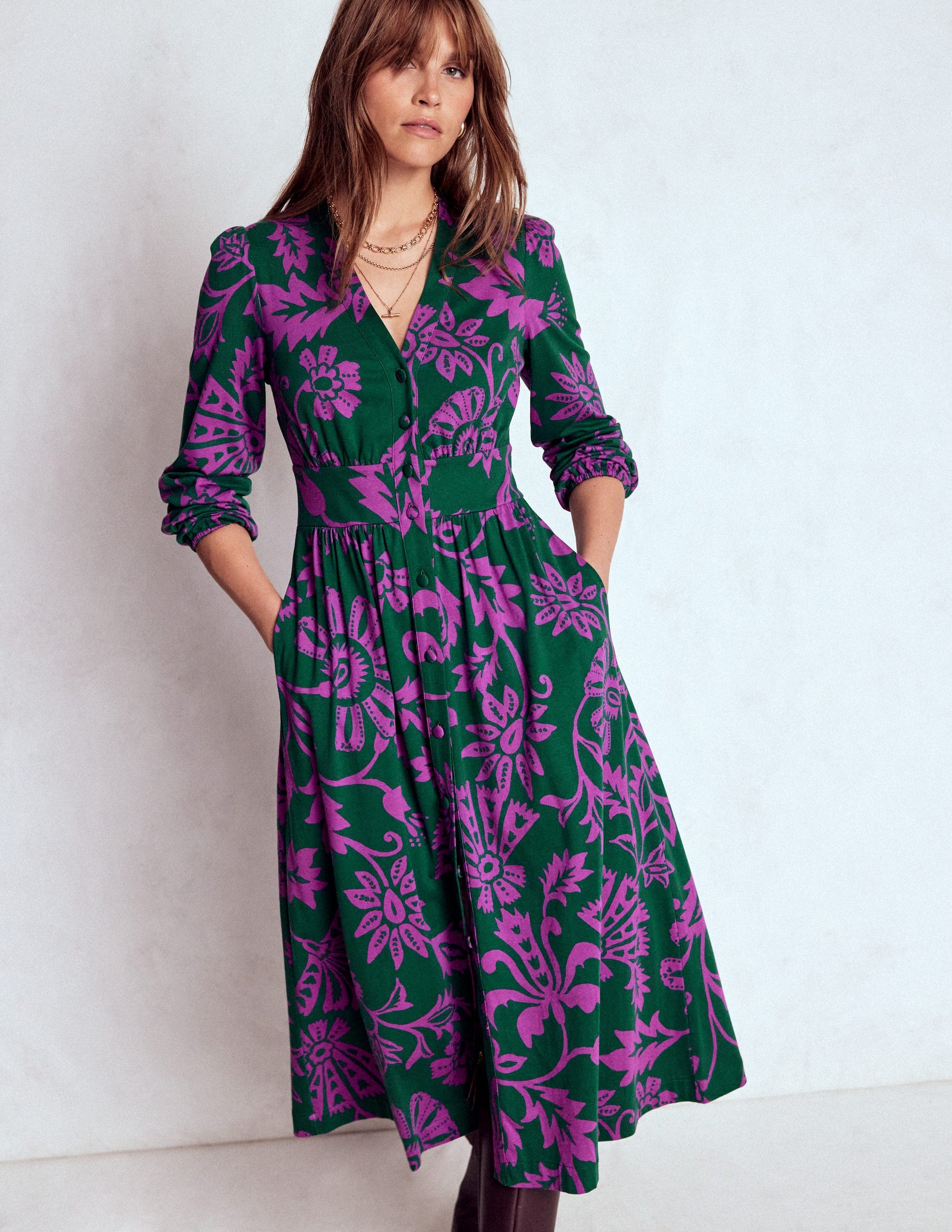 Natalia Long Sleeve Tea Dress-Emerald Night, Elaborate Vine | Boden USA Natalia Long Sleeve Tea Dress-Emerald Night, Elaborate Vine | Boden USA
