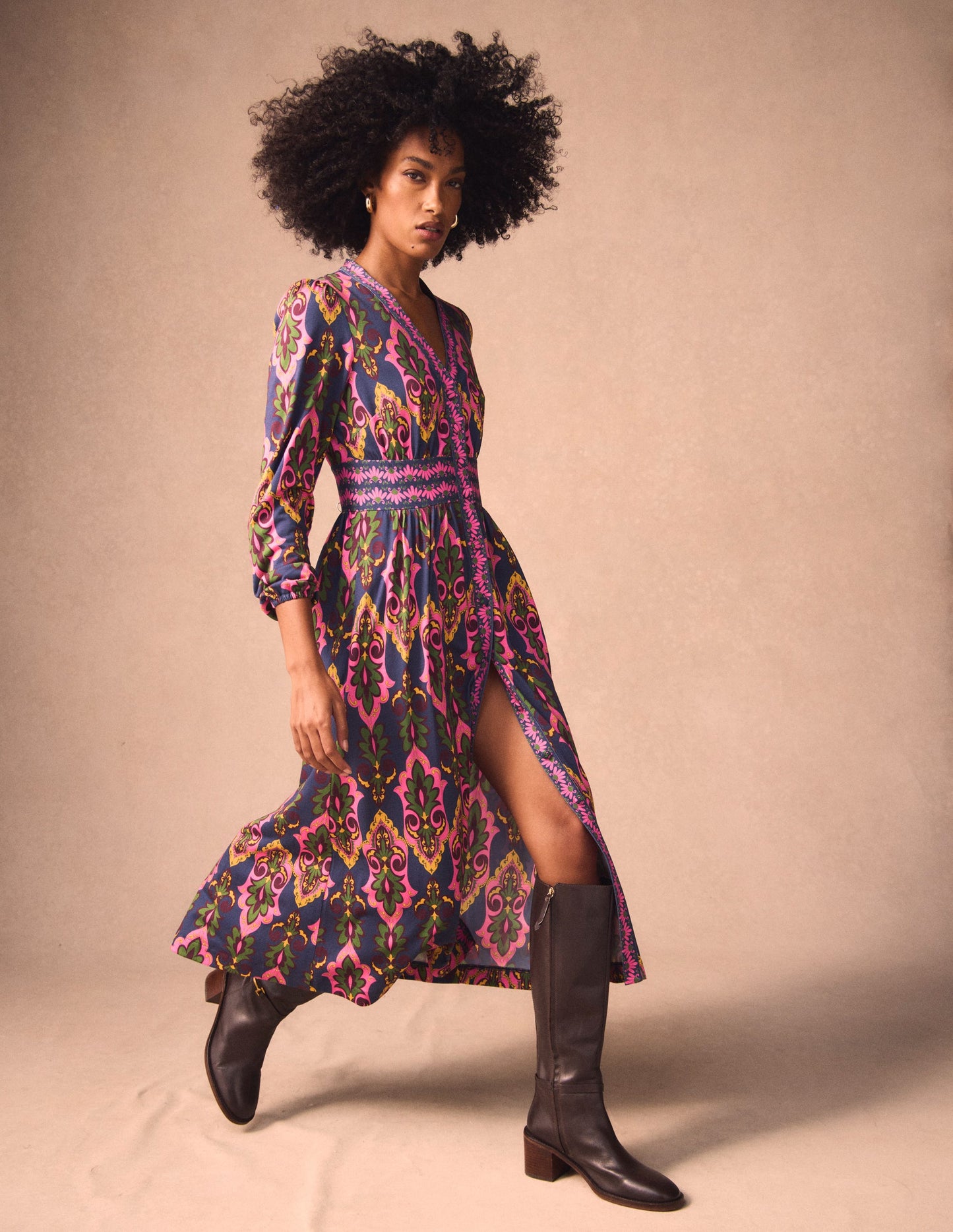 Natalia Long Sleeve Tea Dress-French Navy, Ornate Charm