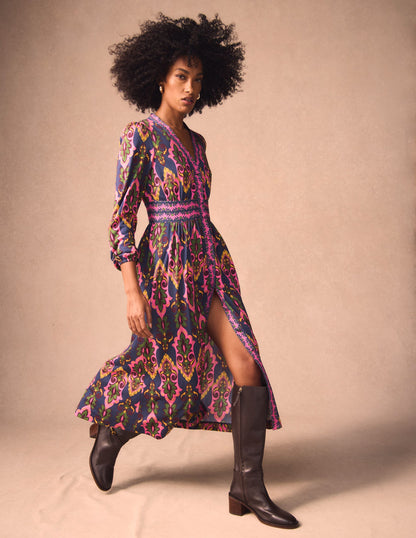 Natalia Long Sleeve Tea Dress-French Navy, Ornate Charm-1