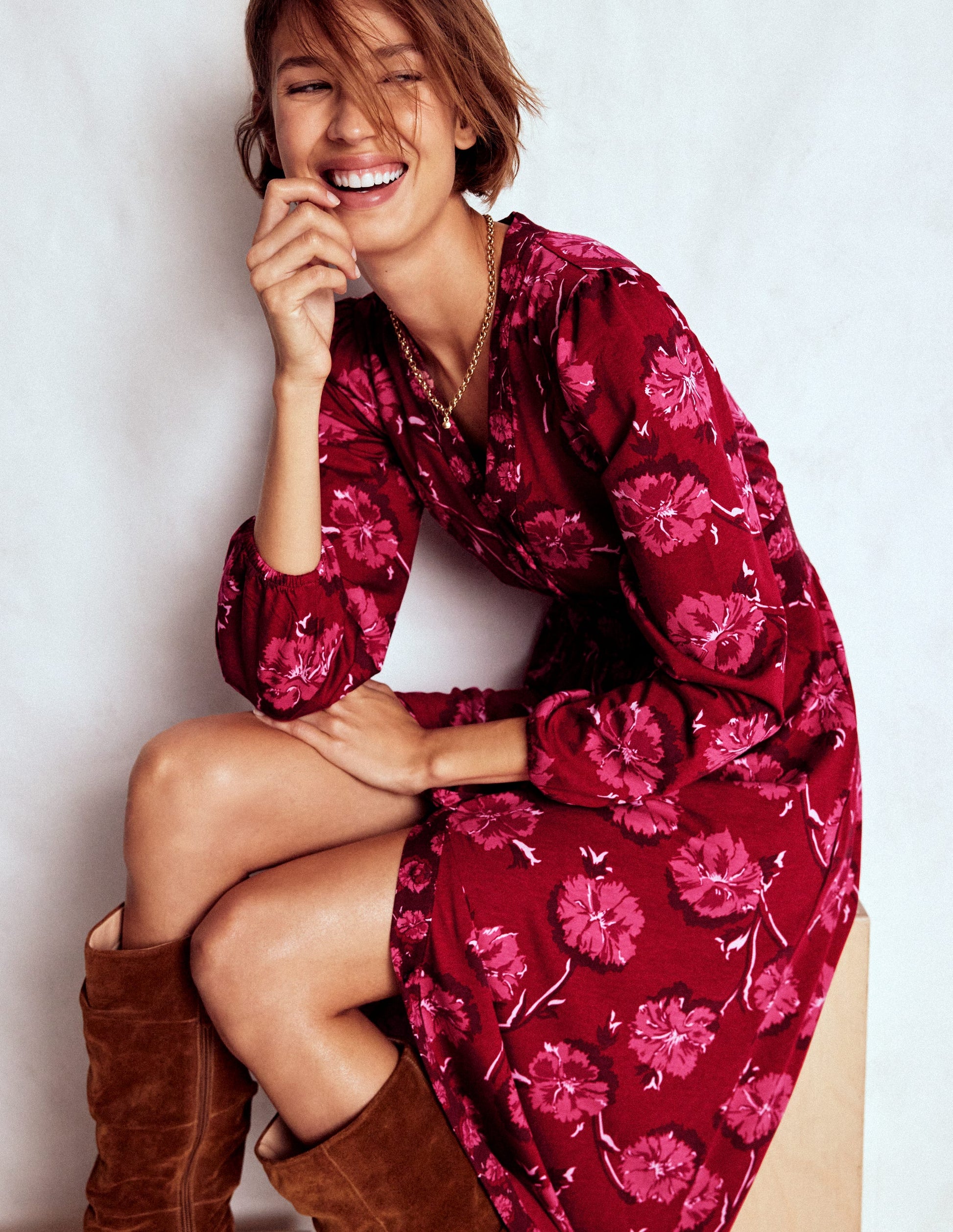 carnation red dress Natalia Long Sleeve Tea Dress-Red, Delicate Carnation