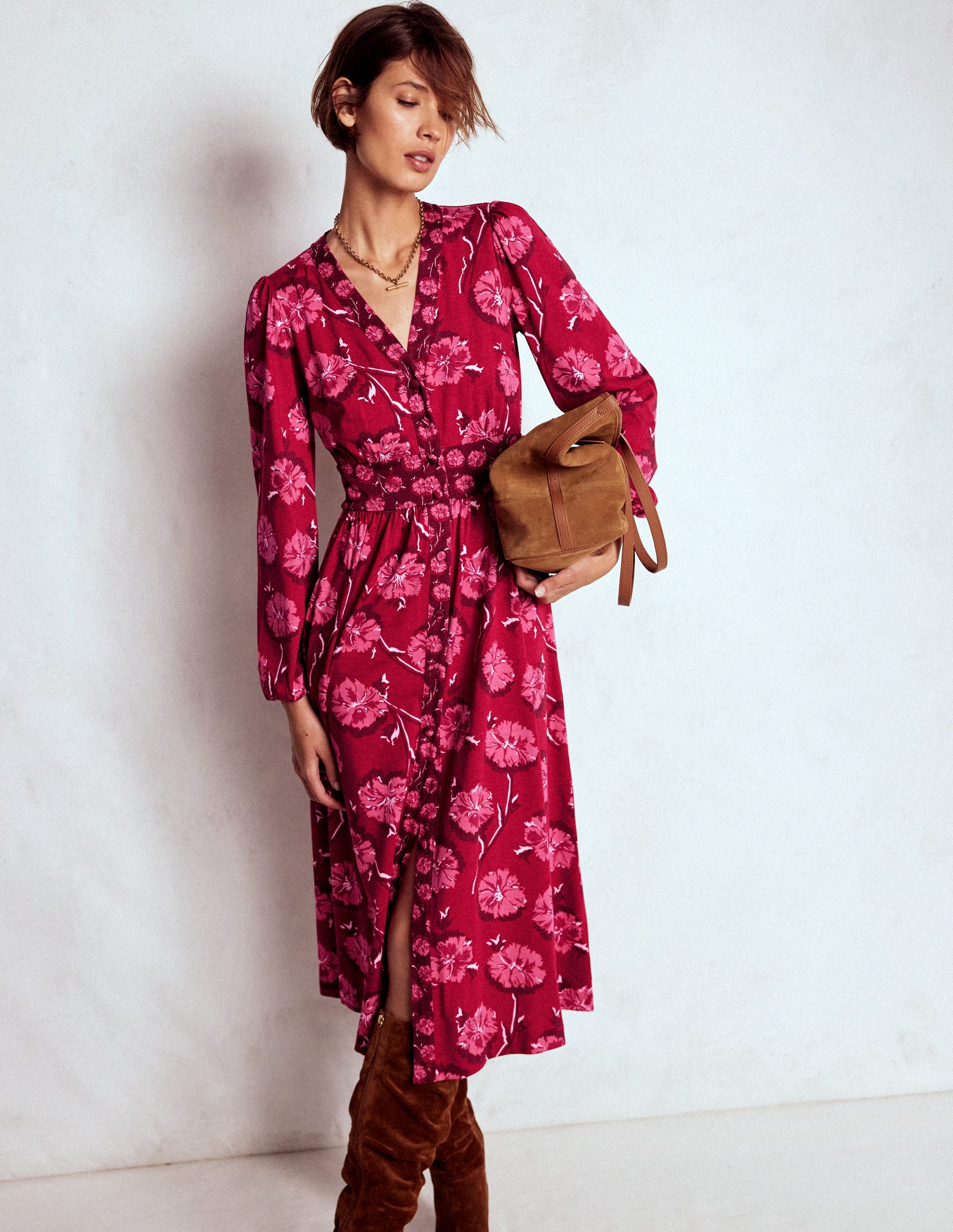 Natalia Long Sleeve Tea Dress-Red, Delicate Carnation-5