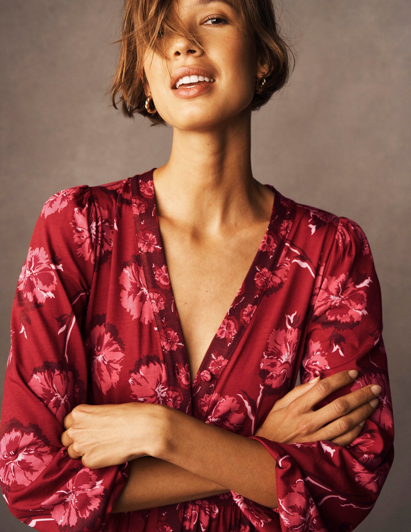 Natalia Long Sleeve Tea Dress-Red, Delicate Carnation