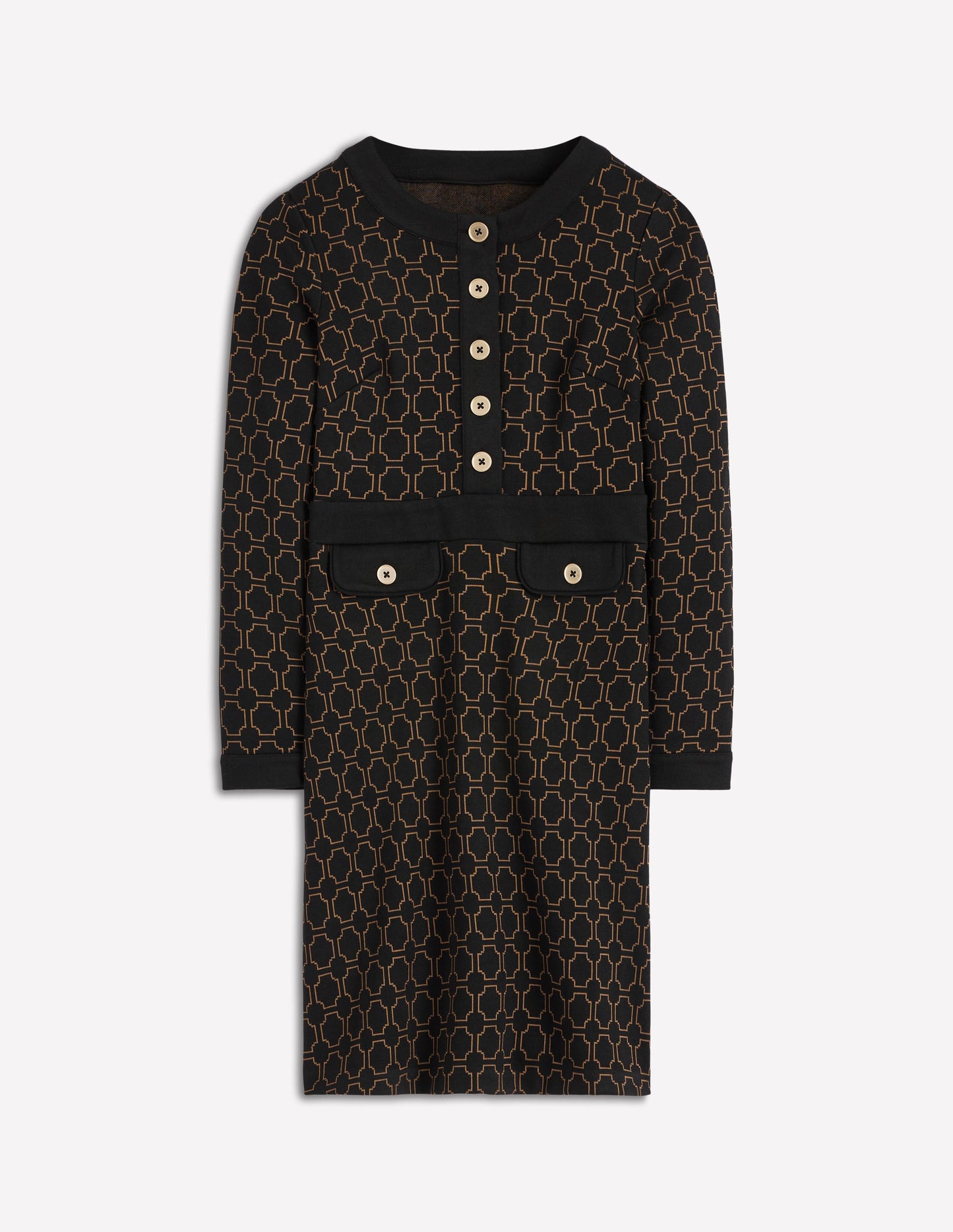 Lavinia Button Shift Dress-Black/Camel Jacquard