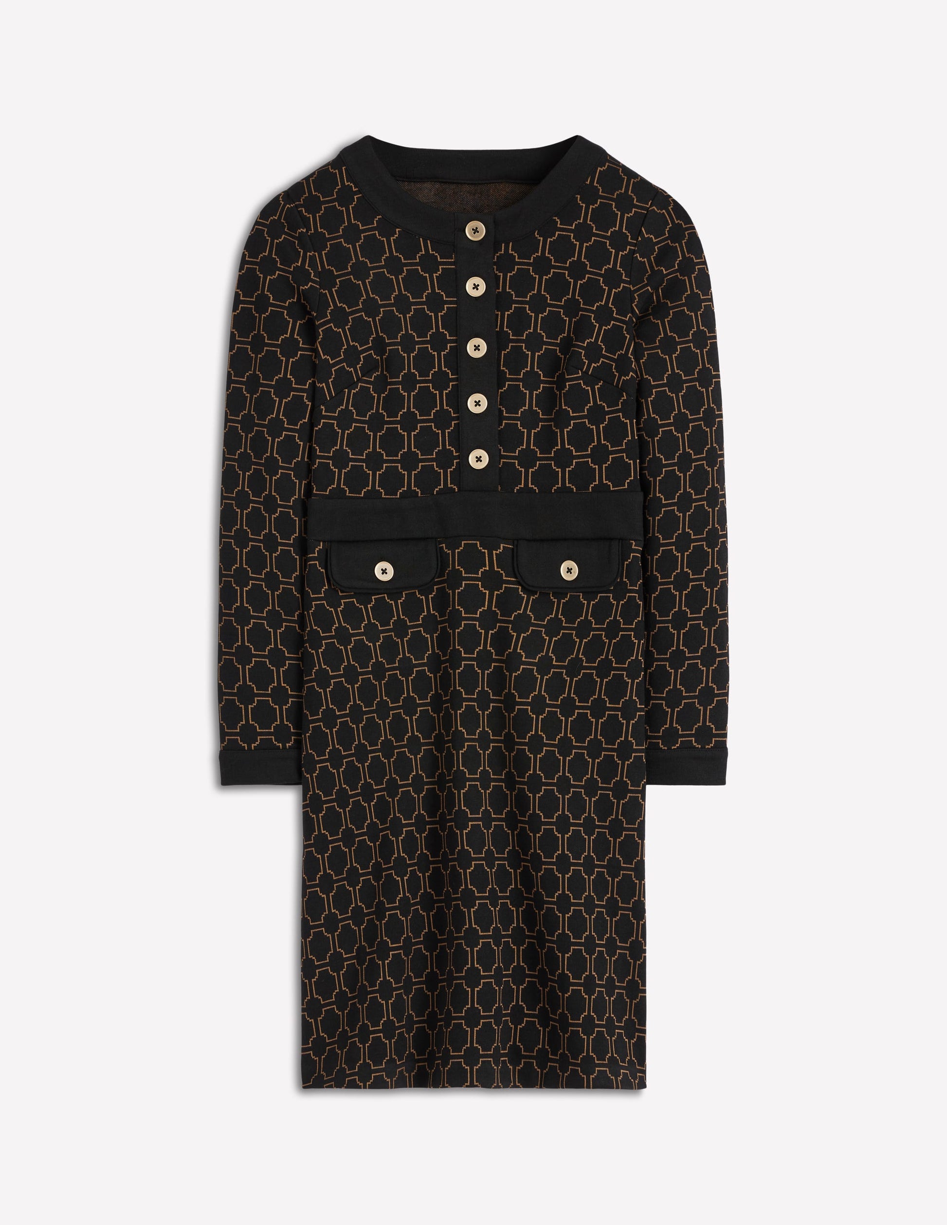 Lavinia Button Shift Dress-Black/Camel Jacquard-5