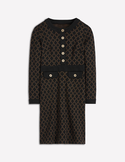 Lavinia Button Shift Dress-Black/Camel Jacquard-5
