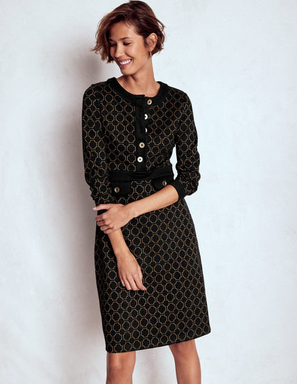 Lavinia Button Shift Dress-Black/Camel Jacquard-4