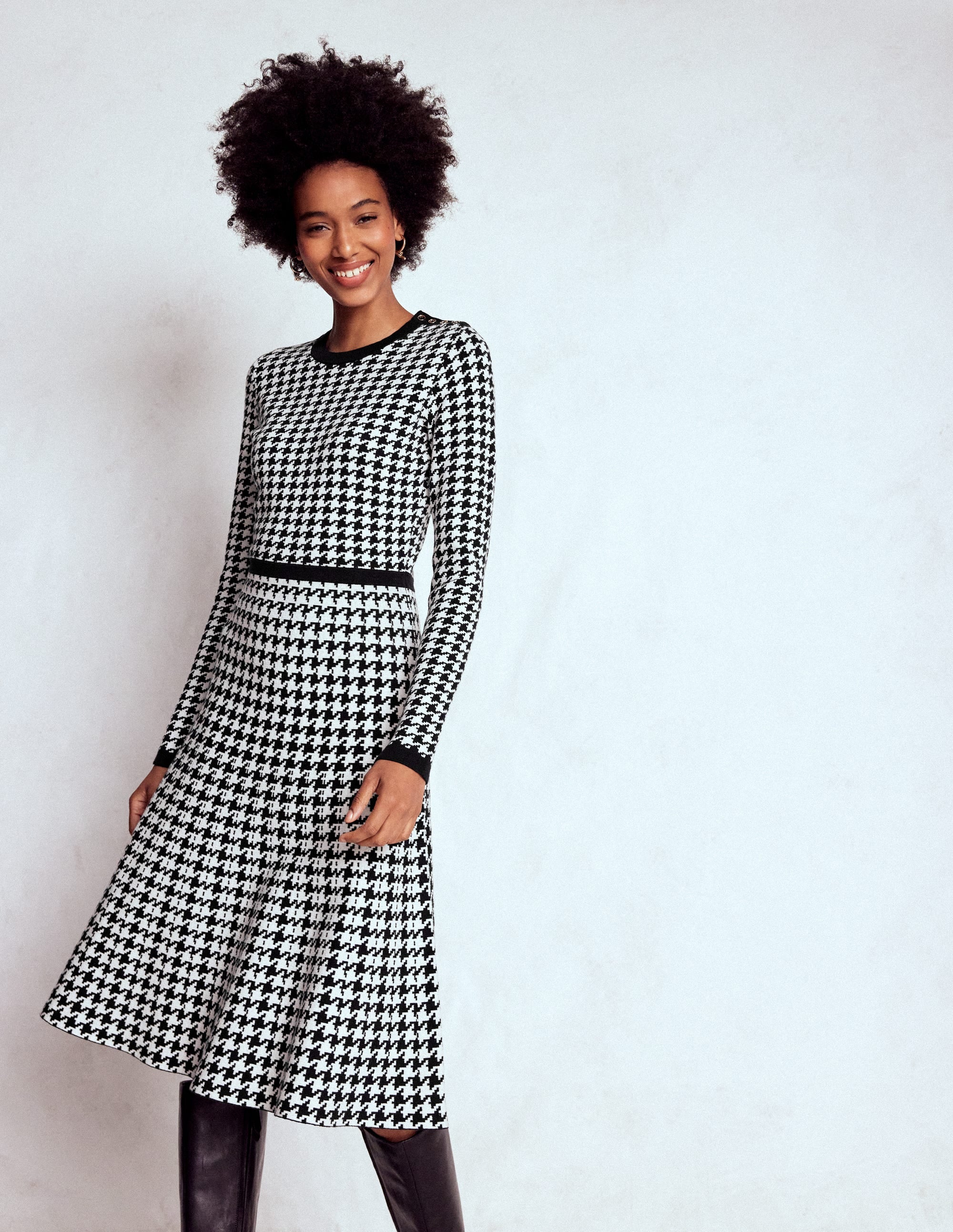 Maria Button Knitted Dress-Black and Ivory Dogstooth - Image 1
