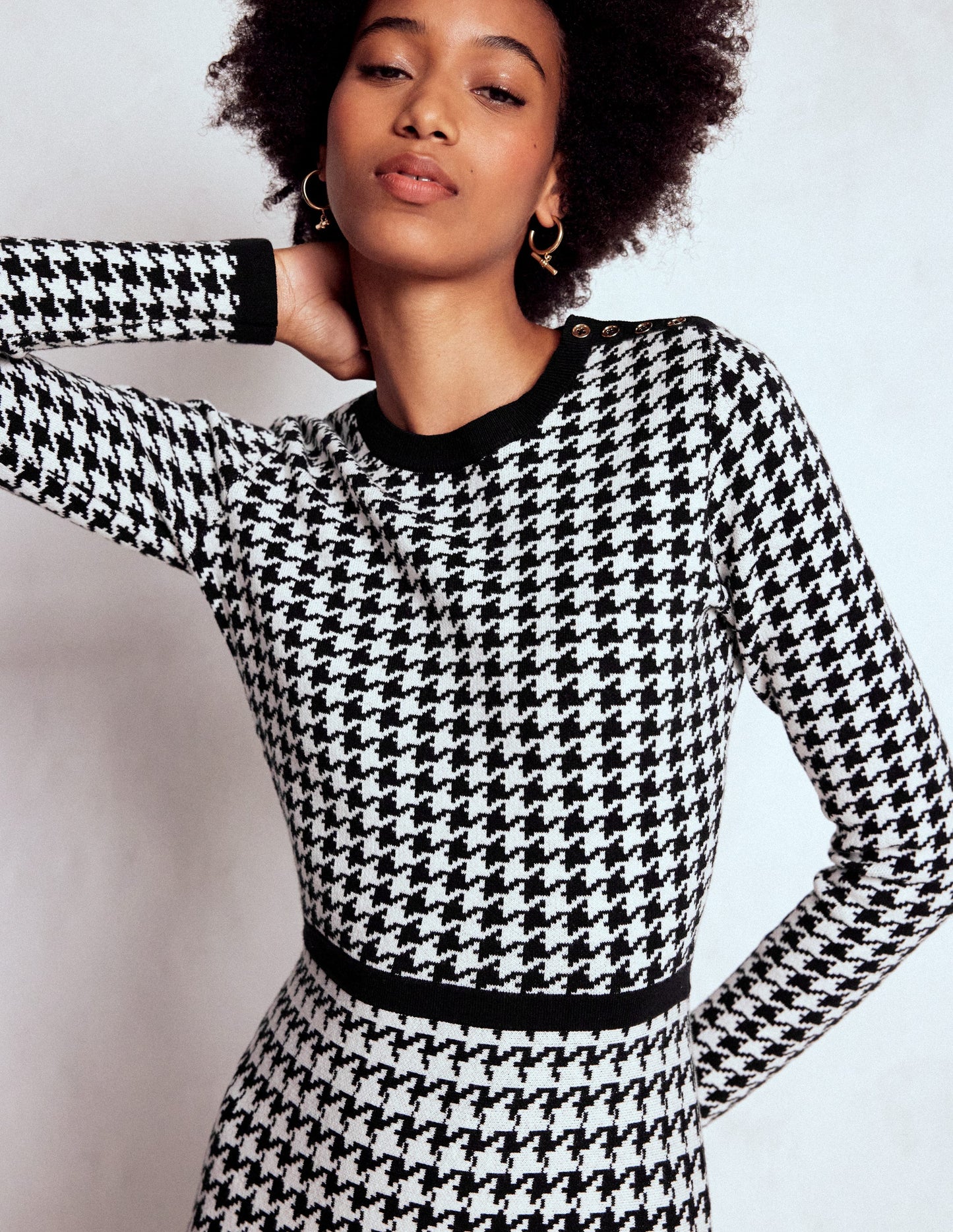 Maria Button Knitted Dress-Black and Ivory Dogstooth