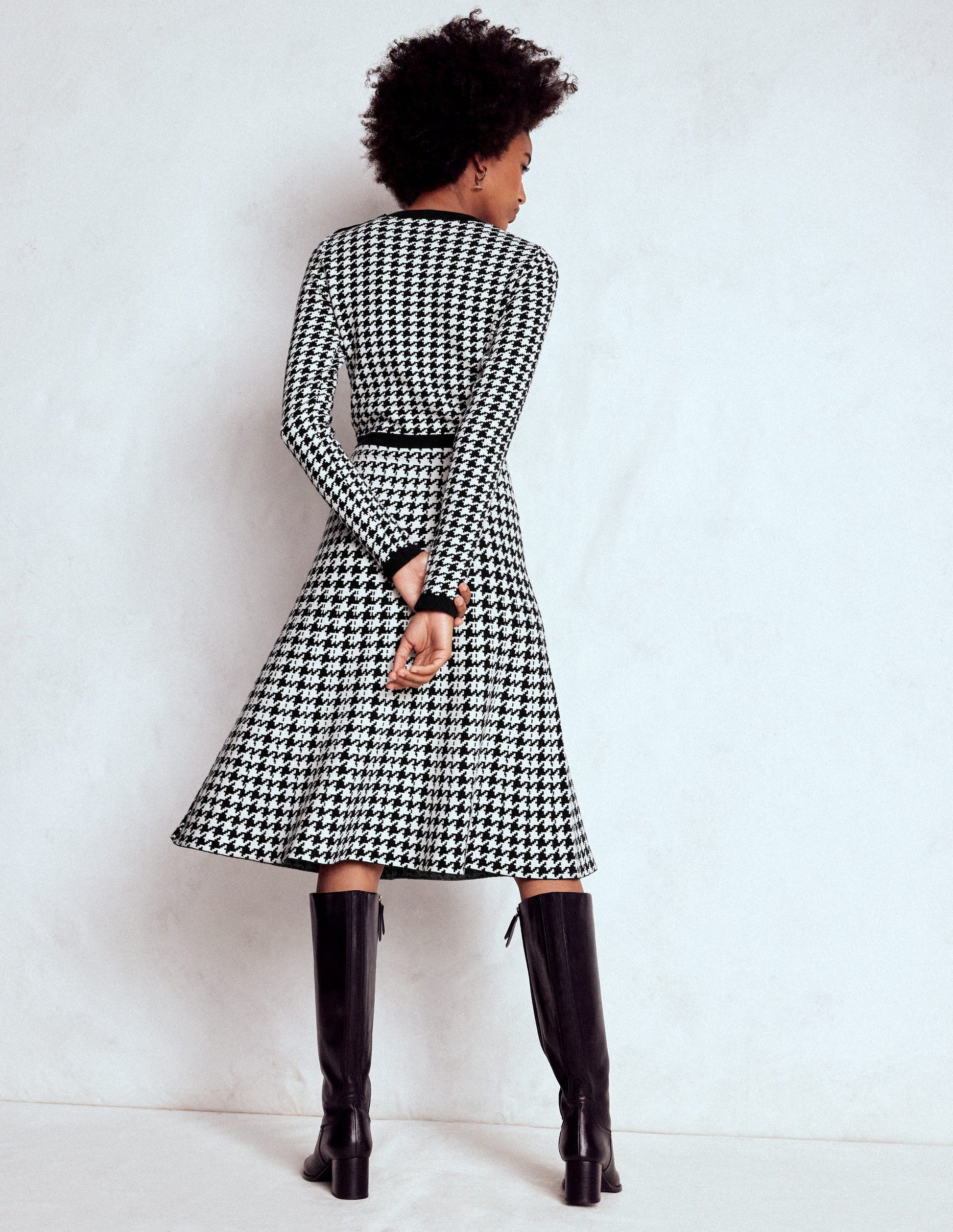 Maria Button Knitted Dress-Black and Ivory Dogstooth-3