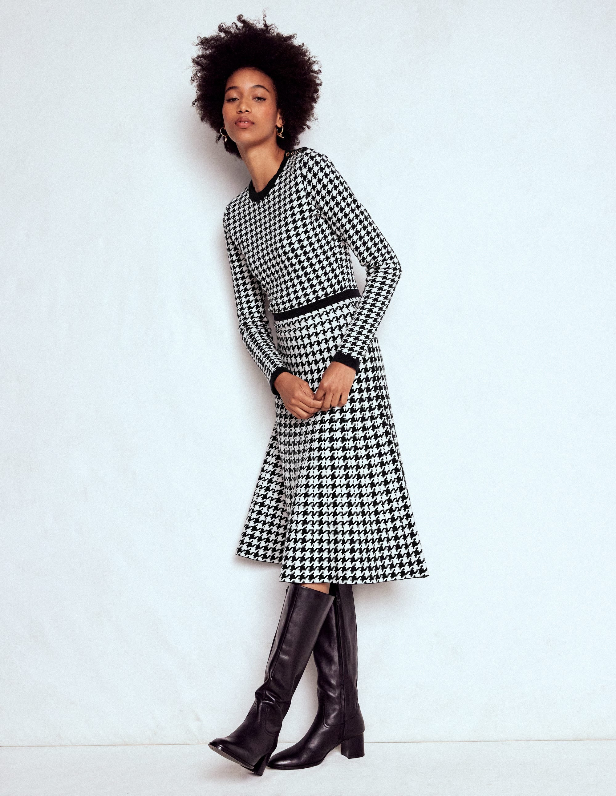 Maria Button Knitted Dress-Black and Ivory Dogstooth - Image 4