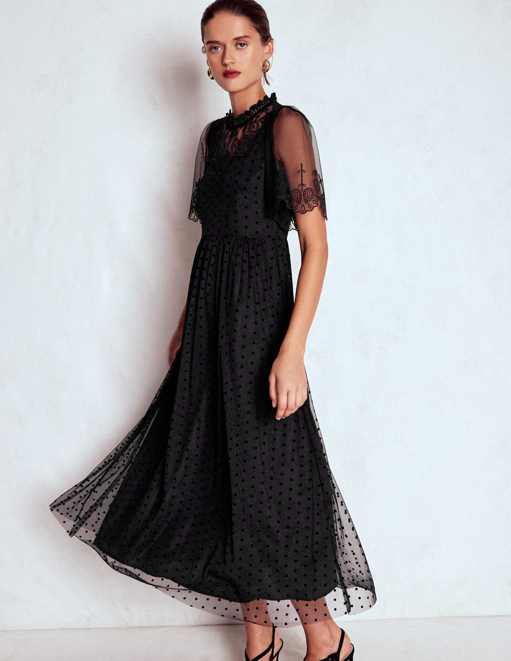 Embroidered Tulle Party Dress-Black-1