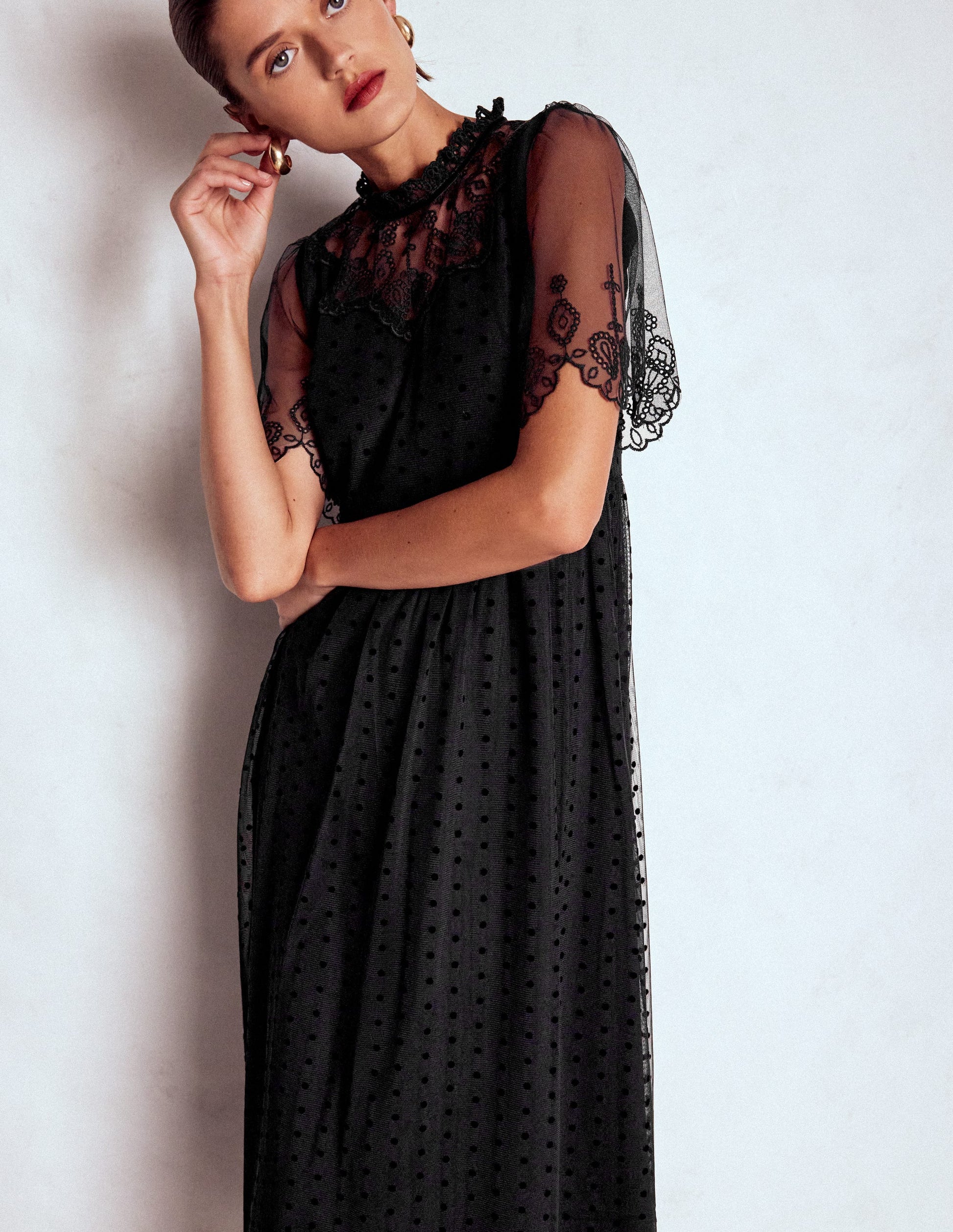 Embroidered Tulle Party Dress-Black-5
